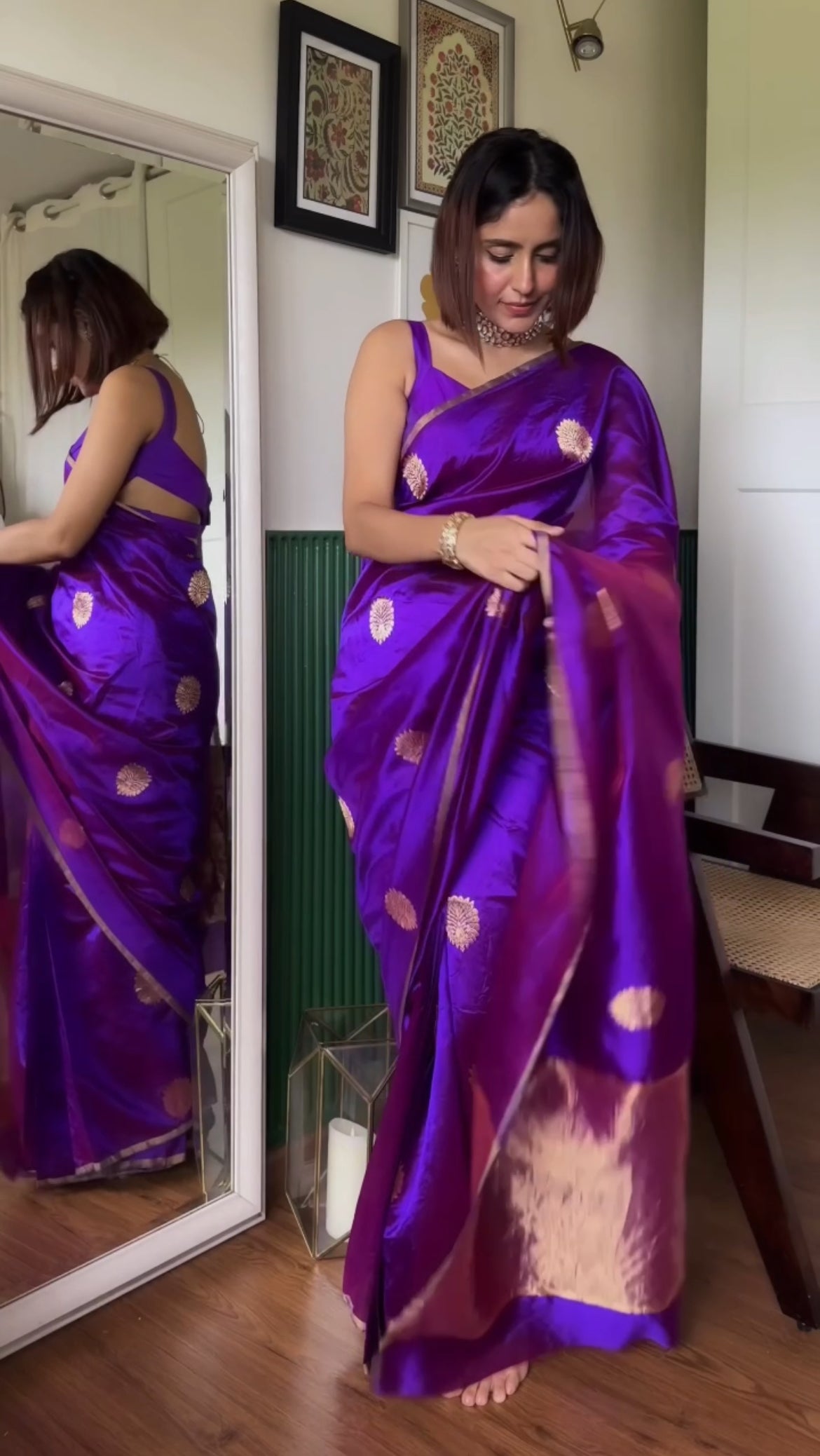 Violet dual tone chanderi silk saree with mor-motifs all over