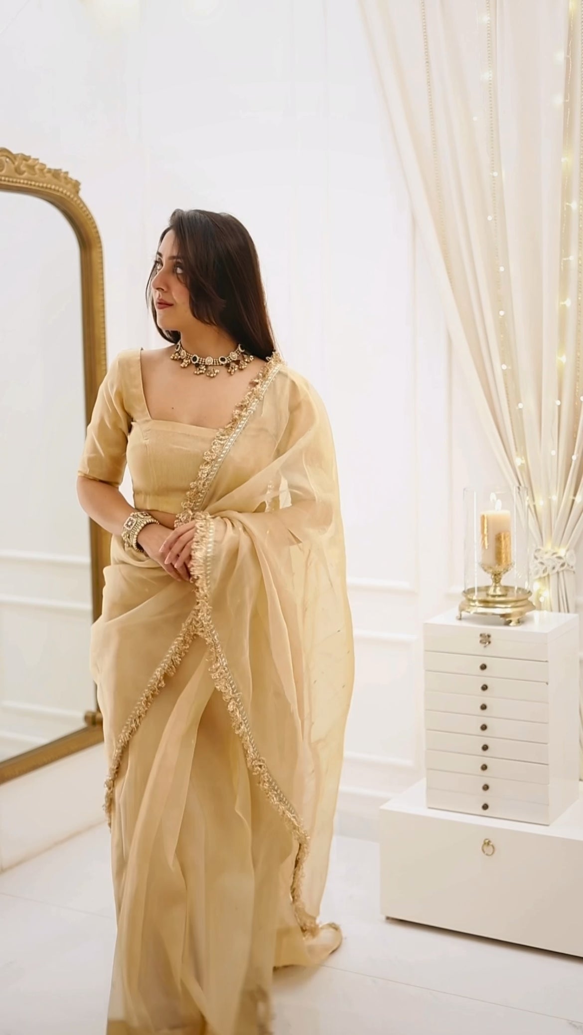 Beige gold Chanderi organza silk saree with zari bootis all over