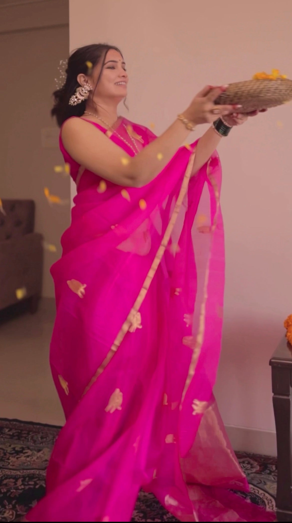 Pink chanderi organza silk saree with bird motifs all over