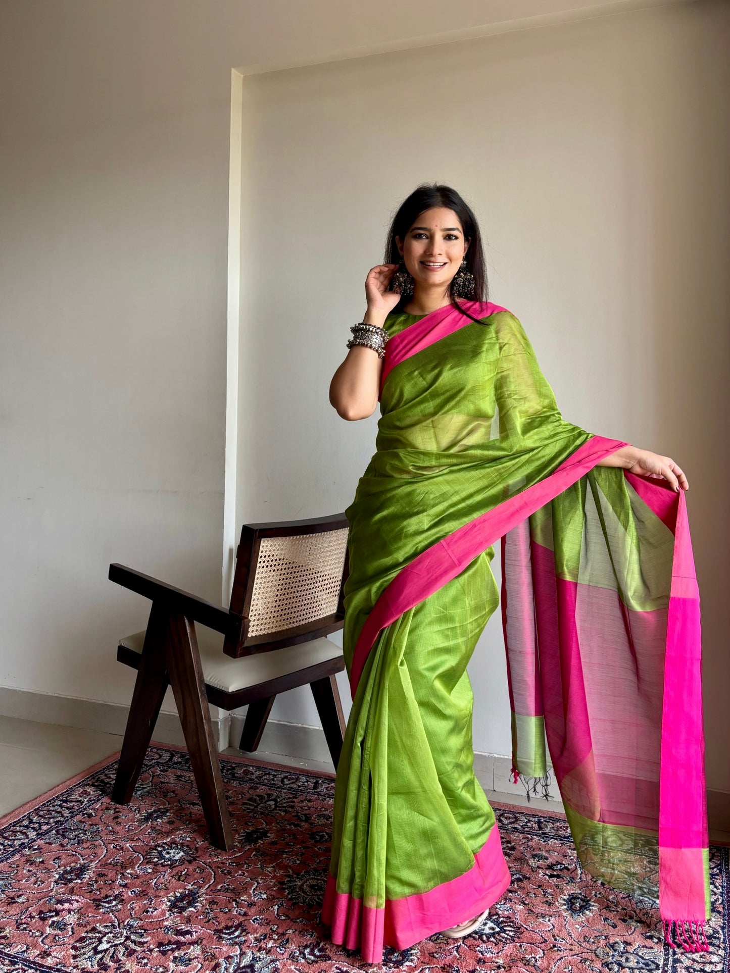 Olive green and pink maheshwari saree