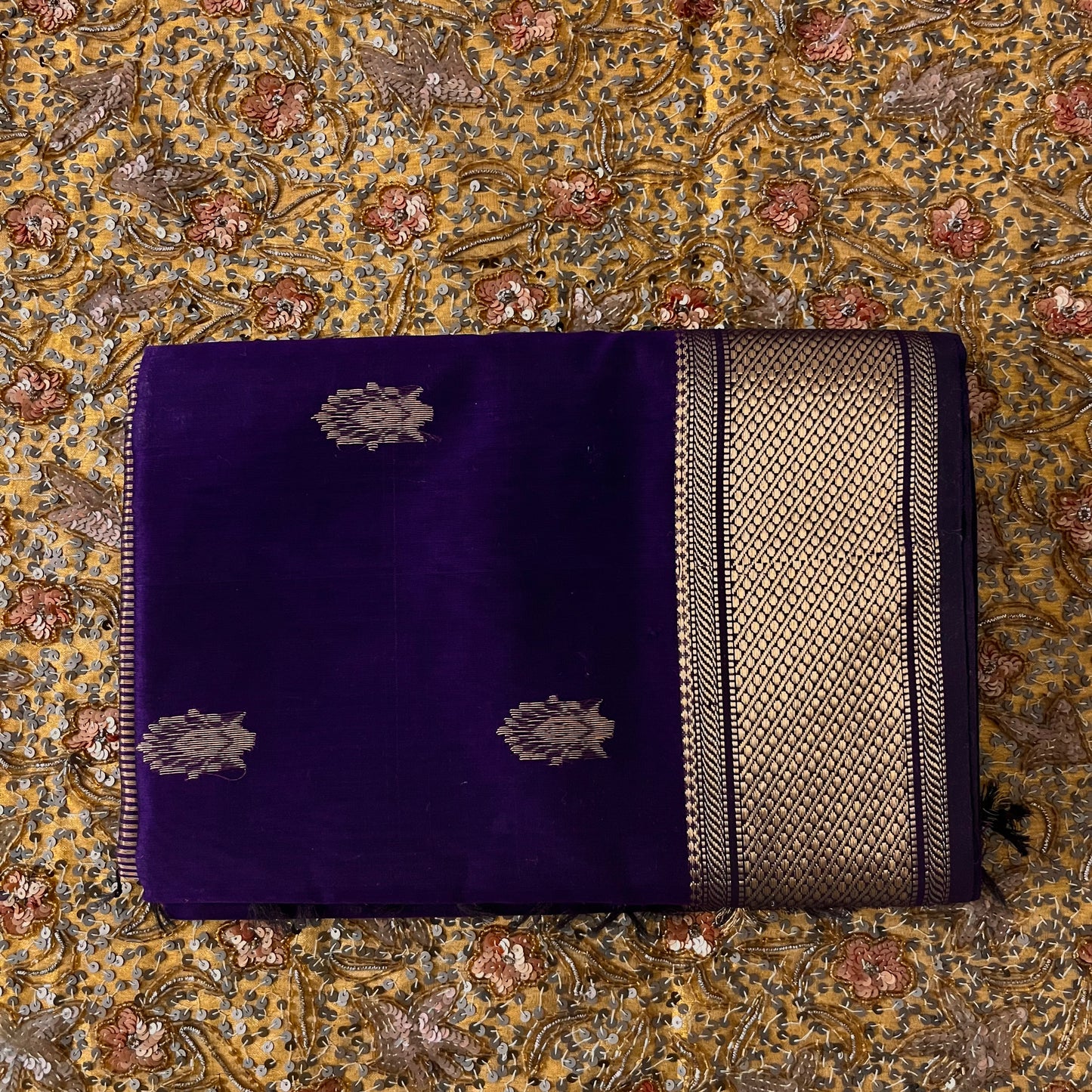 Dark purple Maheshwari saree with zari motifs all over