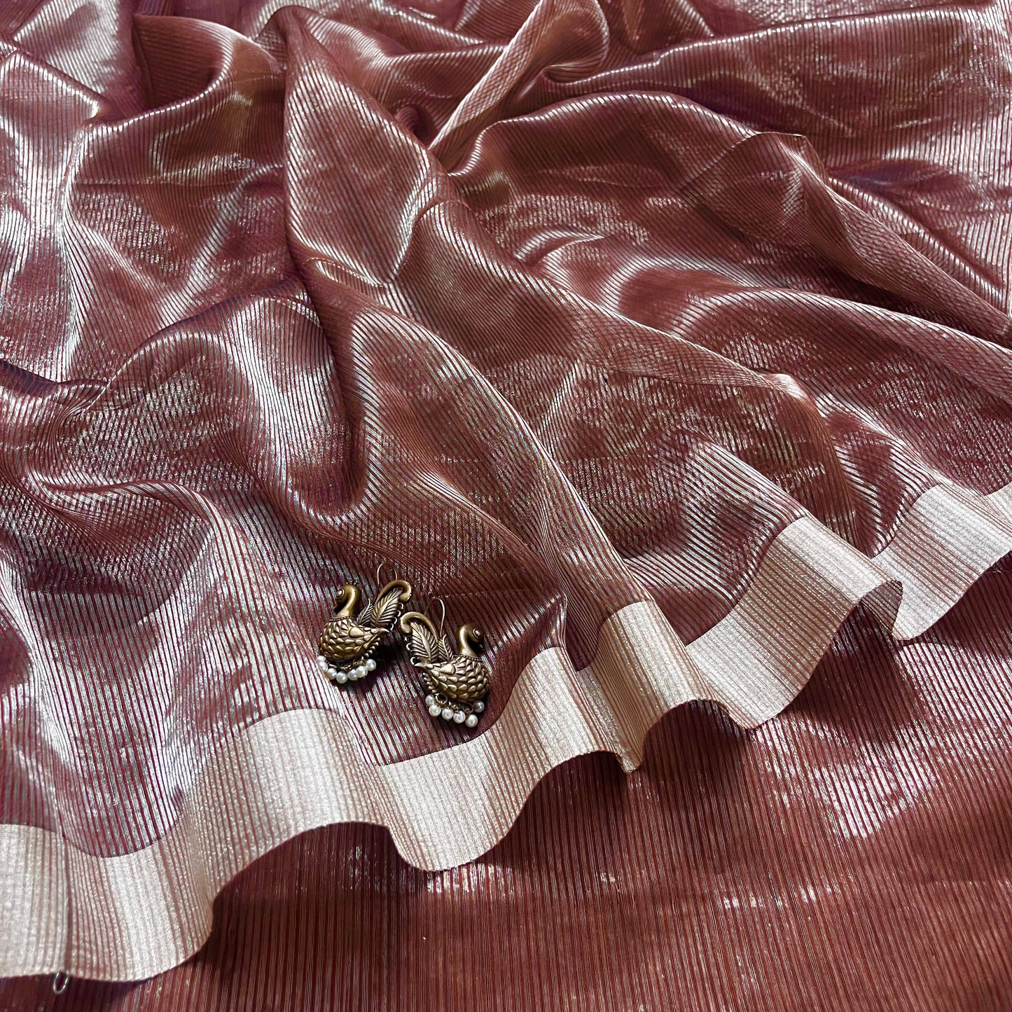 Chocolate brown Maheshwari saree with silver zari lines all over
