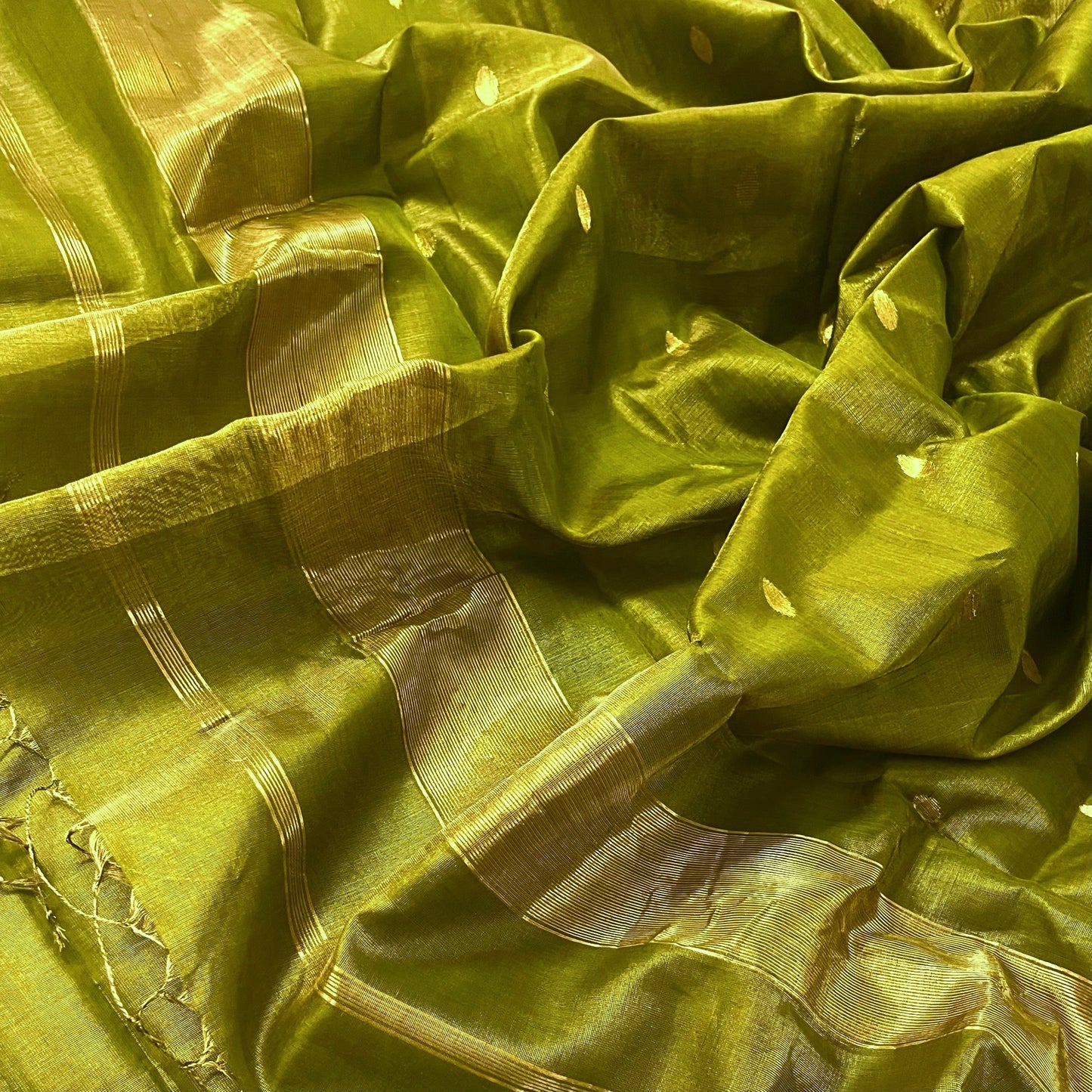 Olive gold maheshwari tissue silk saree with zari bootis all over
