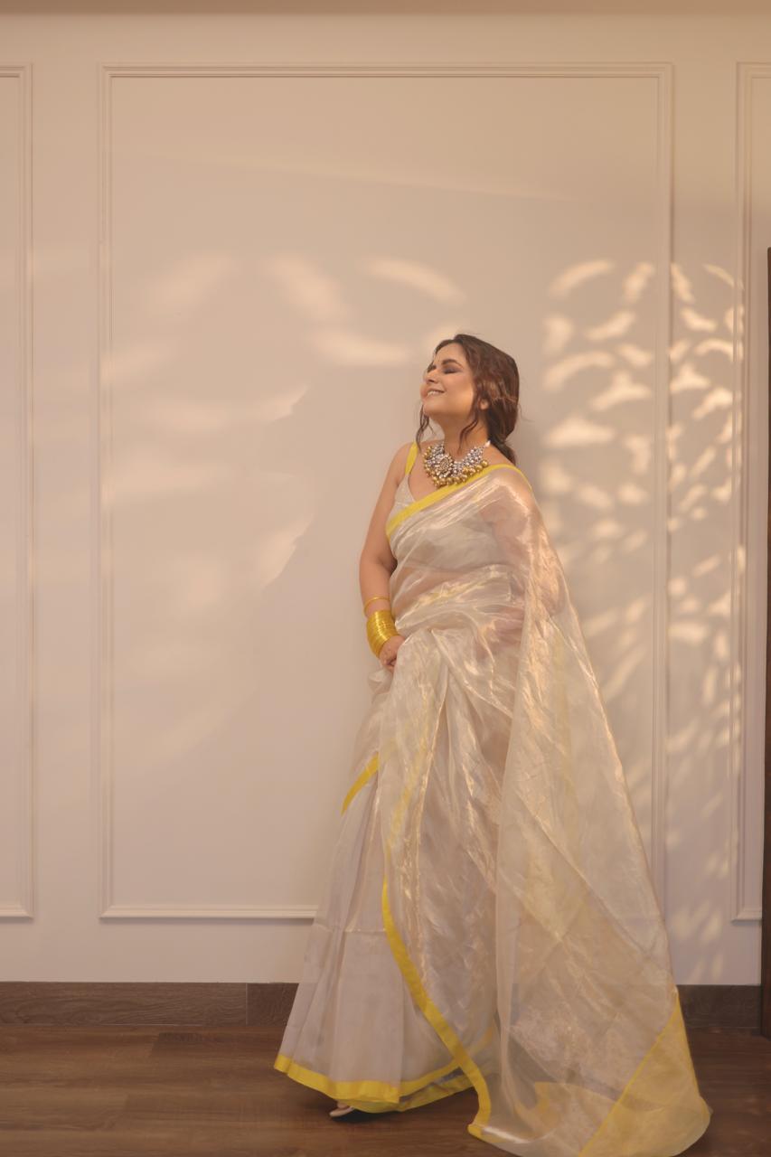 Silver white and lemon chanderi tissue silk saree