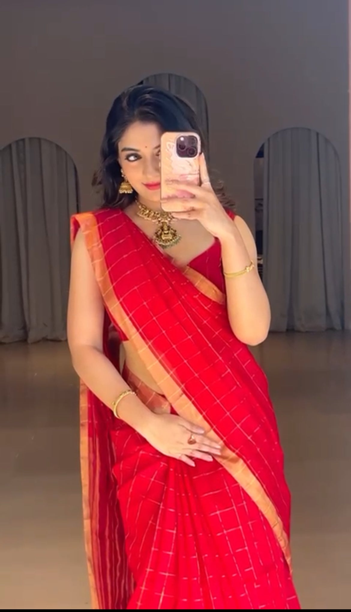 Red maheshwari saree with zari checks all over