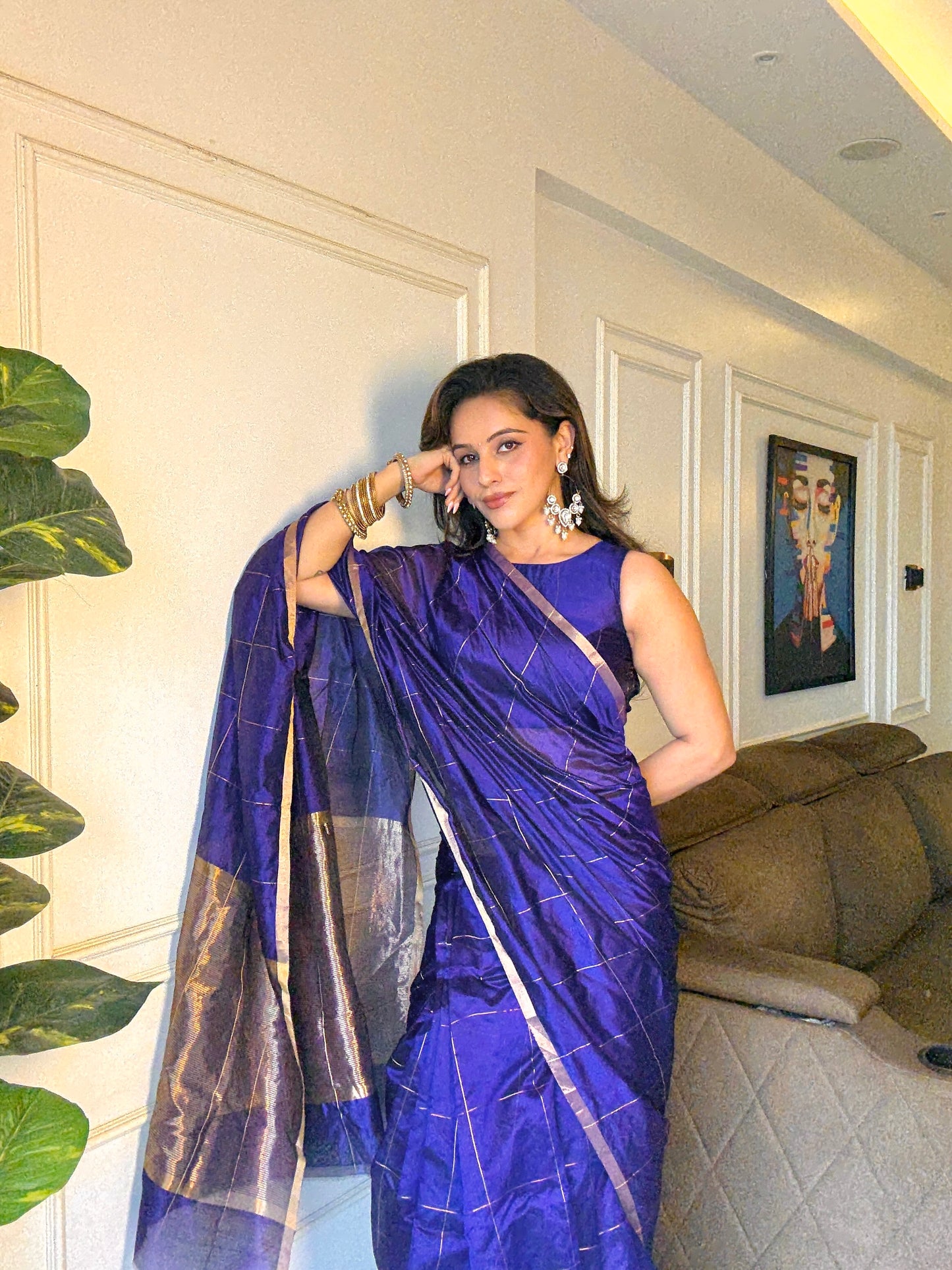 Dark purple chanderi silk saree with zari checks all over