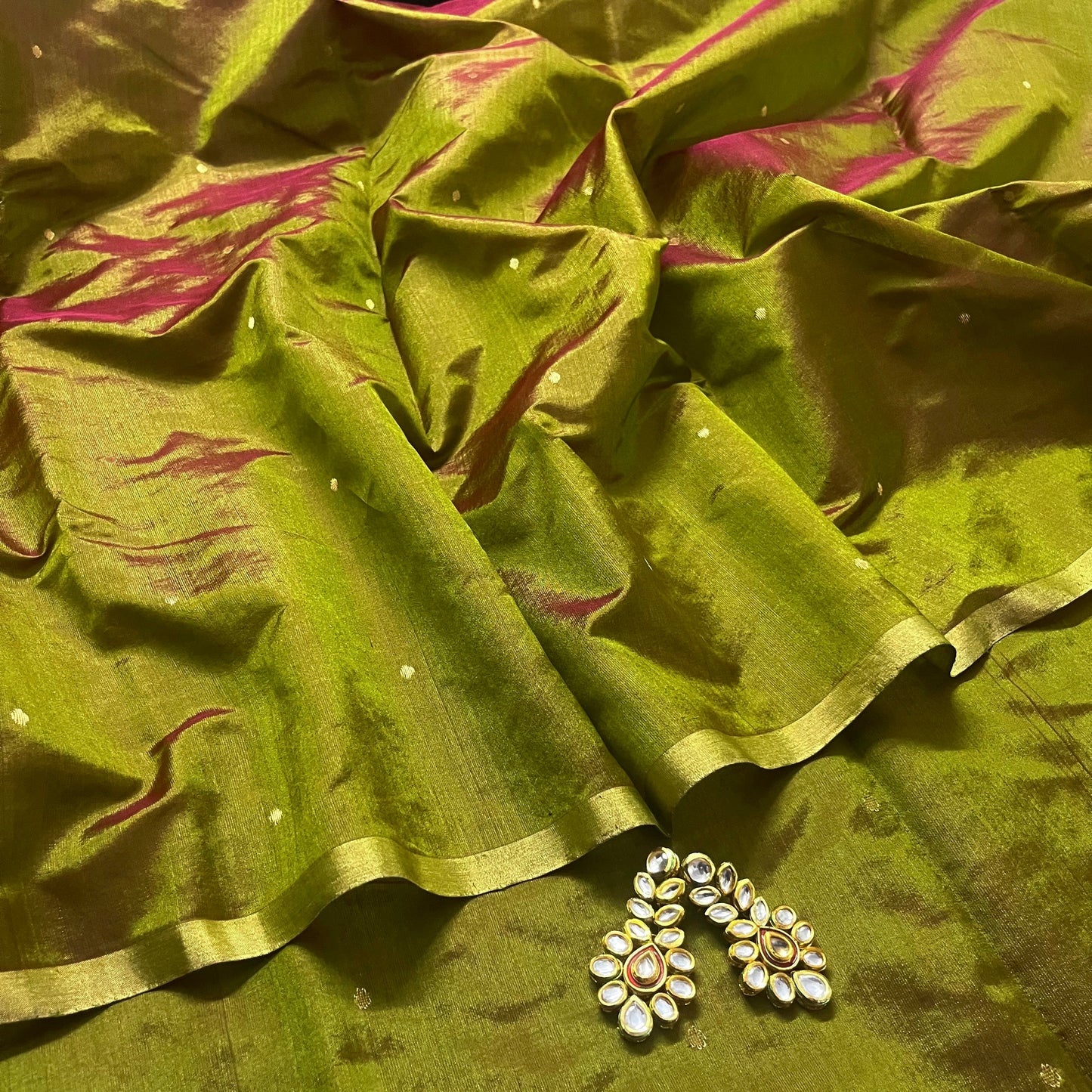Olive green and maroon dual tone chanderi silk saree with zari bootis all over