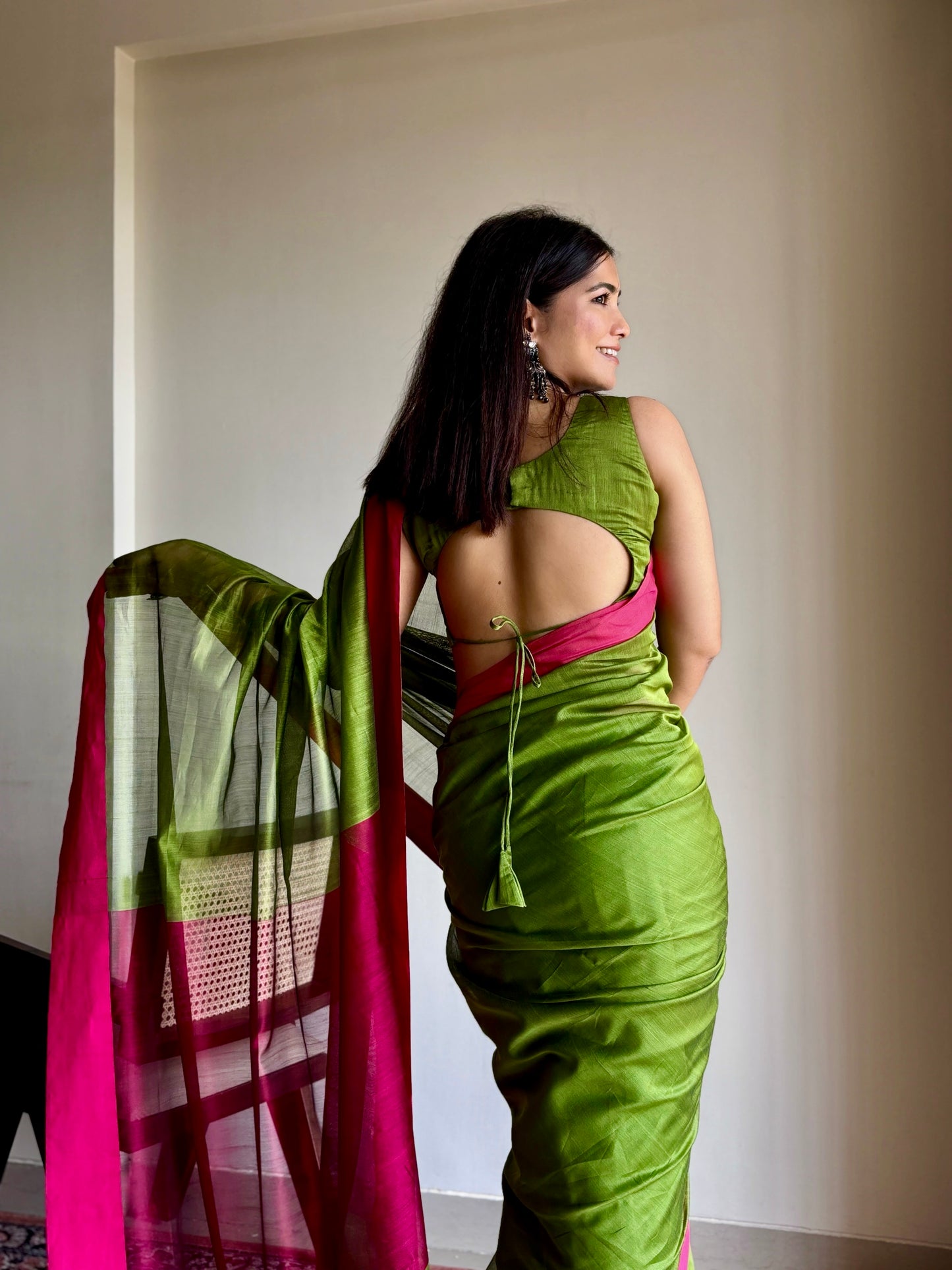 Olive green and pink maheshwari saree
