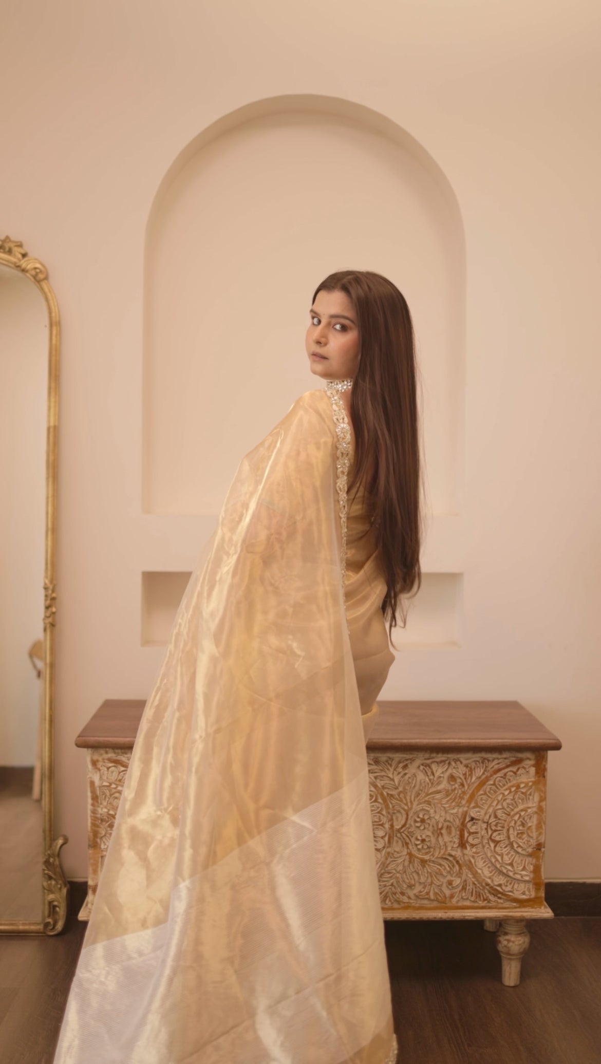 Molten gold chanderi tissue silk saree with intricate work border