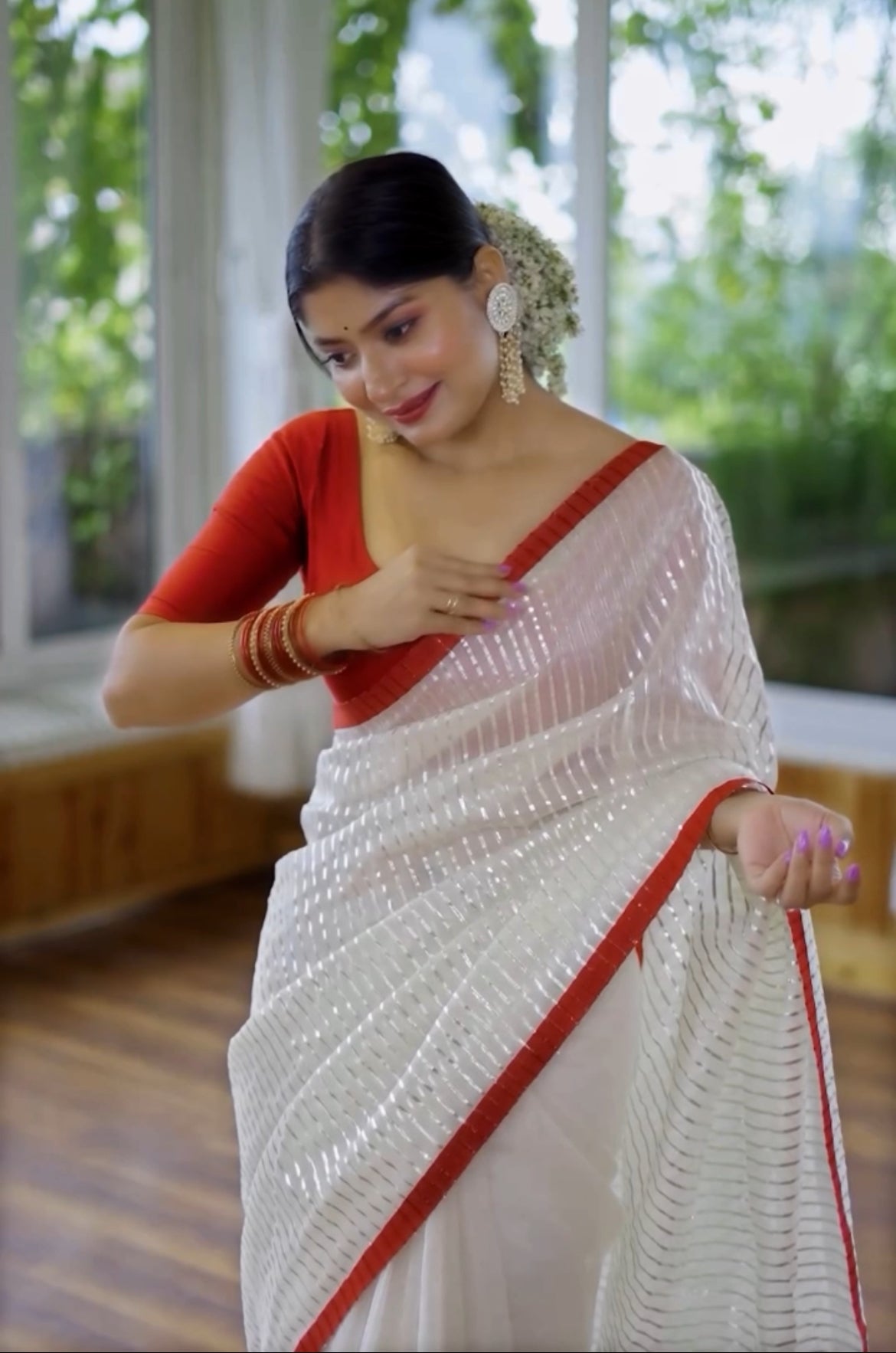 Off white & red chanderi saree with intricate gota work all over