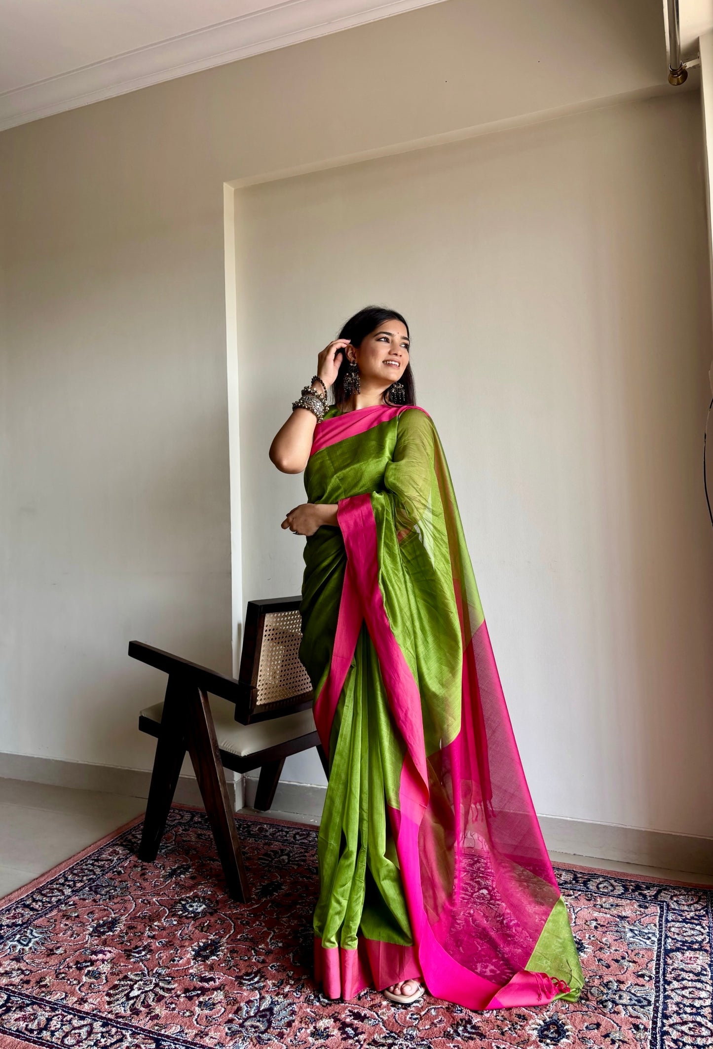Olive green and pink maheshwari saree