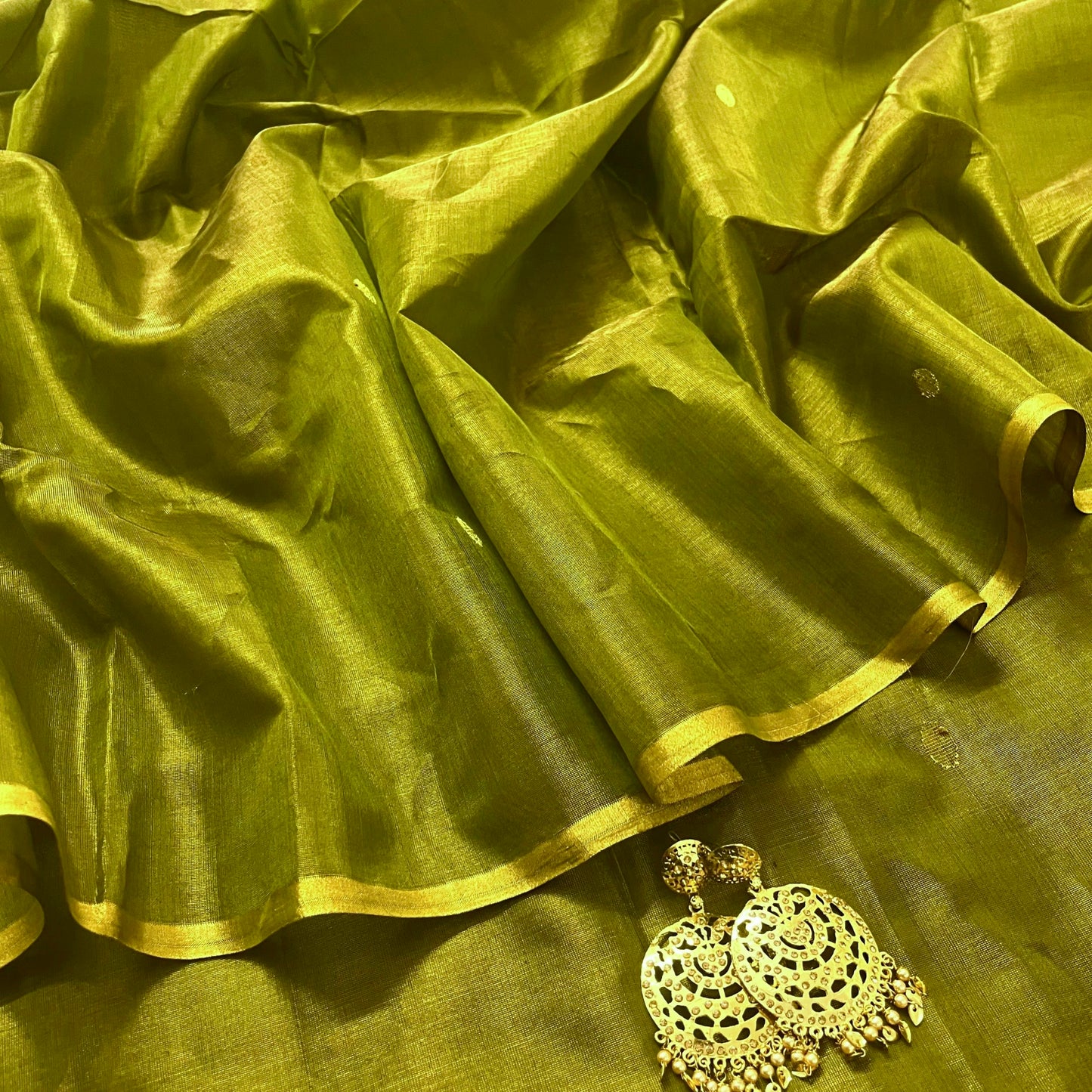Olive gold maheshwari tissue silk saree with zari bootis all over