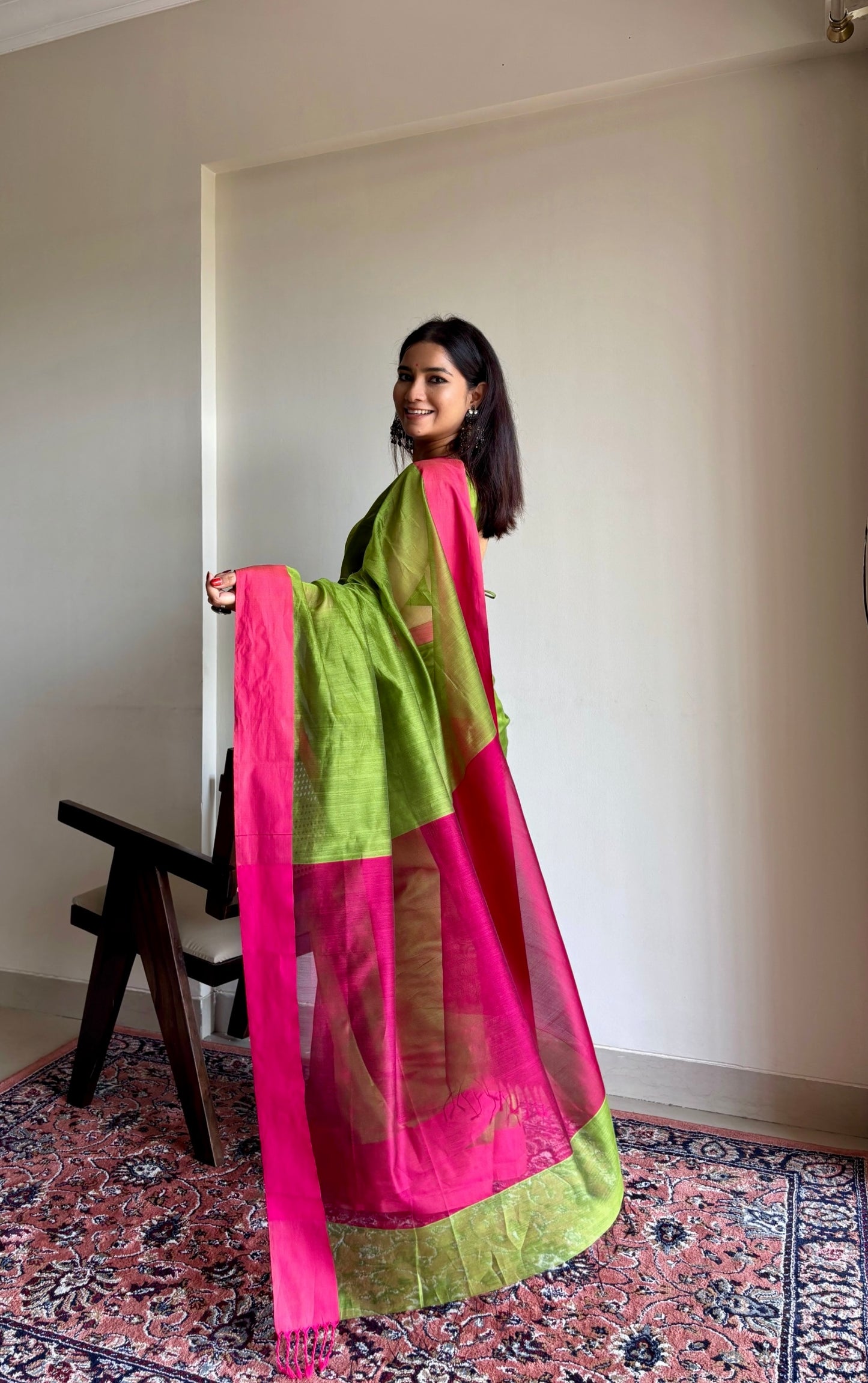 Olive green and pink maheshwari saree