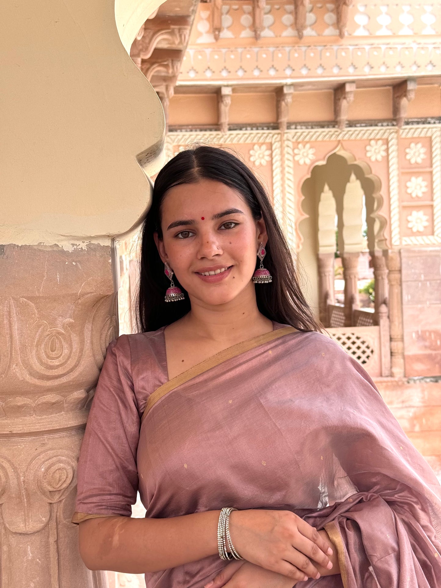 Dusty pink chanderi silk saree with zari bootis all over