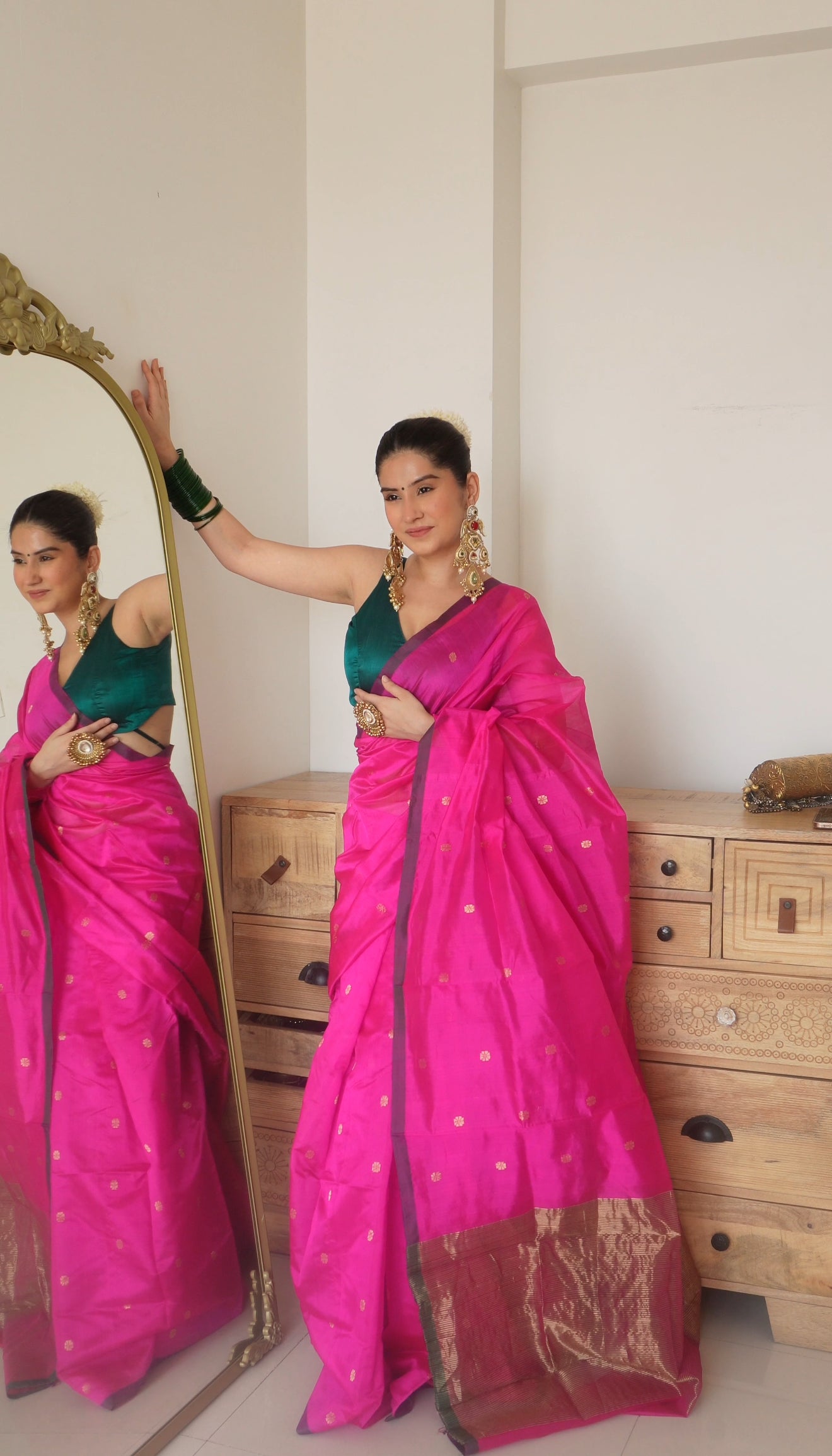 Magenta pink chanderi silk saree with flower bootis all over