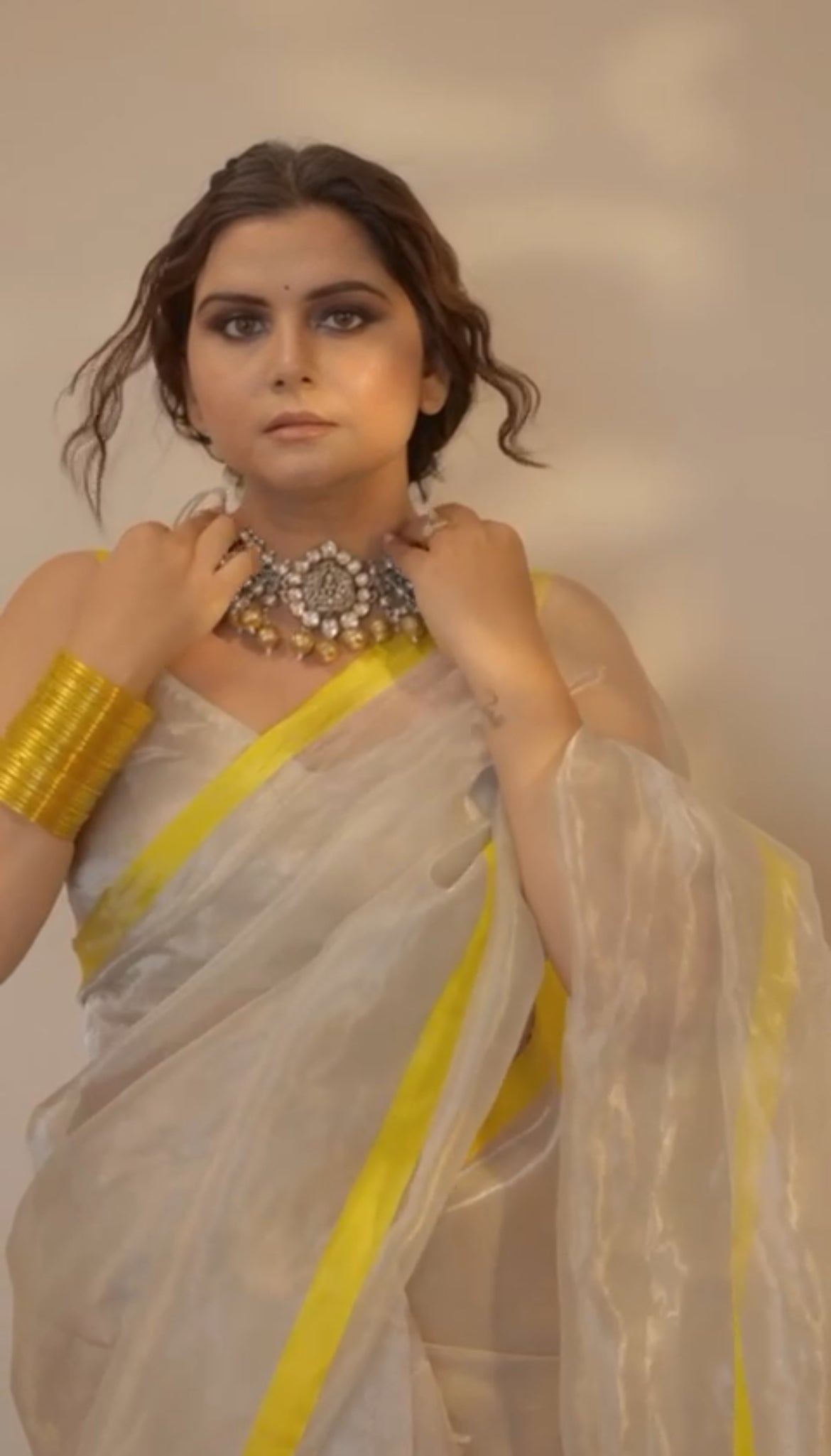 Silver white and lemon chanderi tissue silk saree