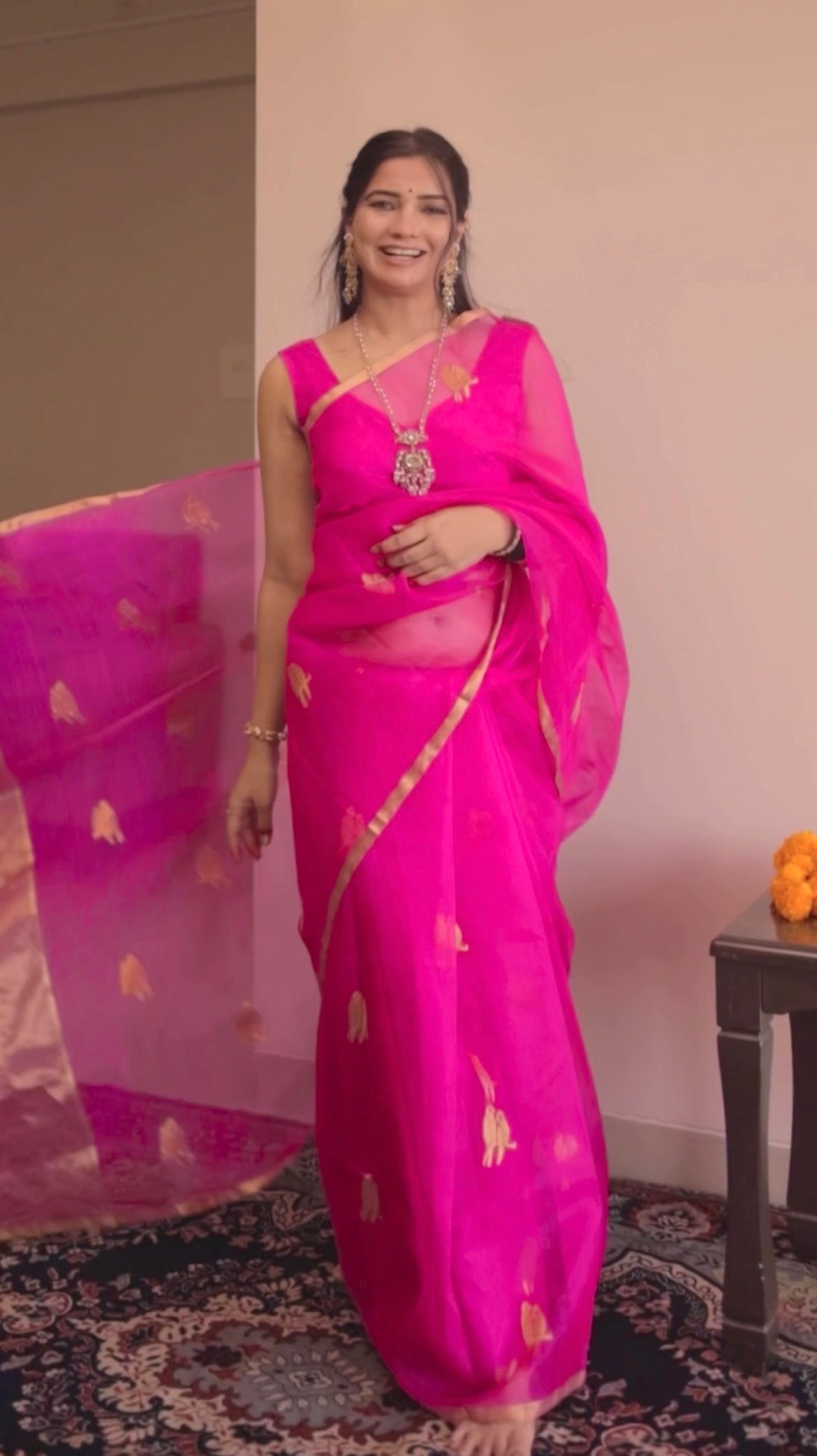 Pink chanderi organza silk saree with bird motifs all over