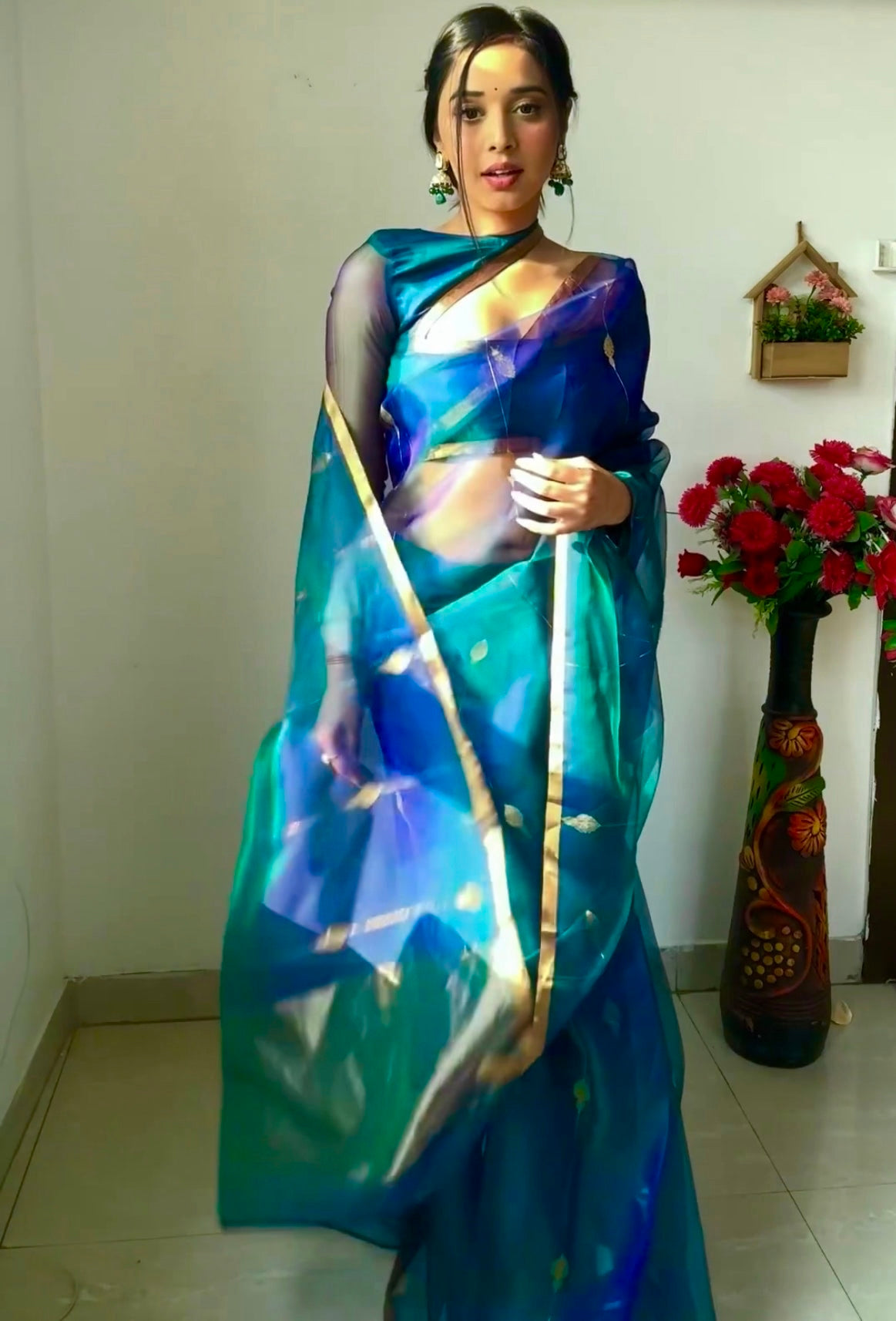 Peacock Blue & Green Dual Tone Chanderi Organza Silk Saree with Jhumka Motifs all over