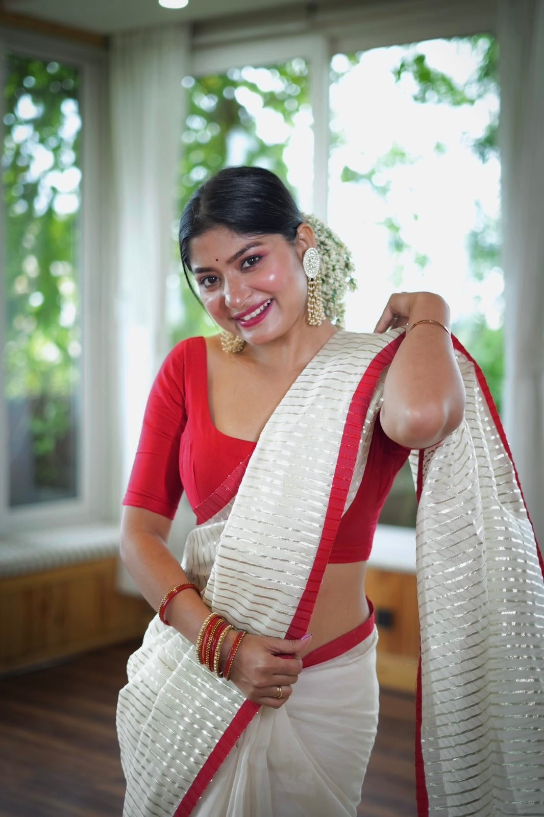 Off white & red chanderi saree with intricate gota work all over