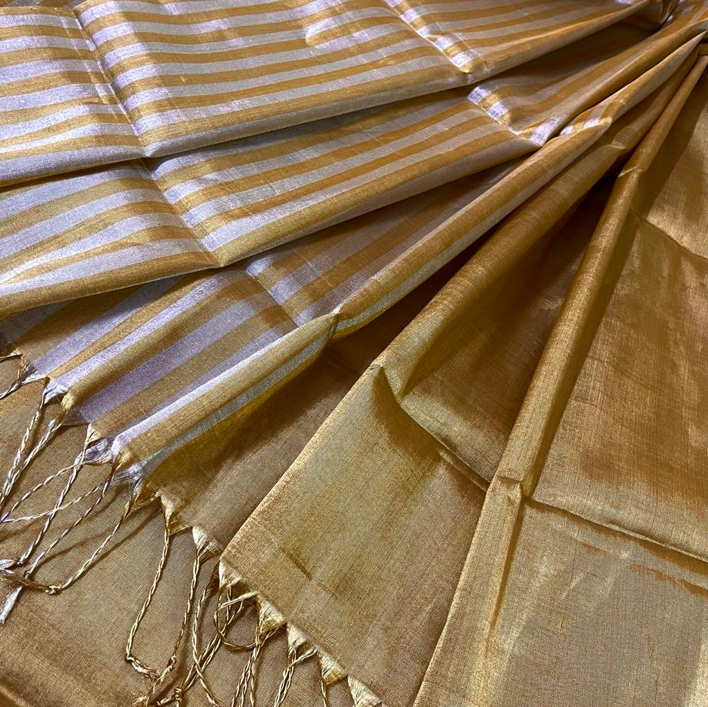 Gold and silver chanderi tissue silk saree with zari stripes all over