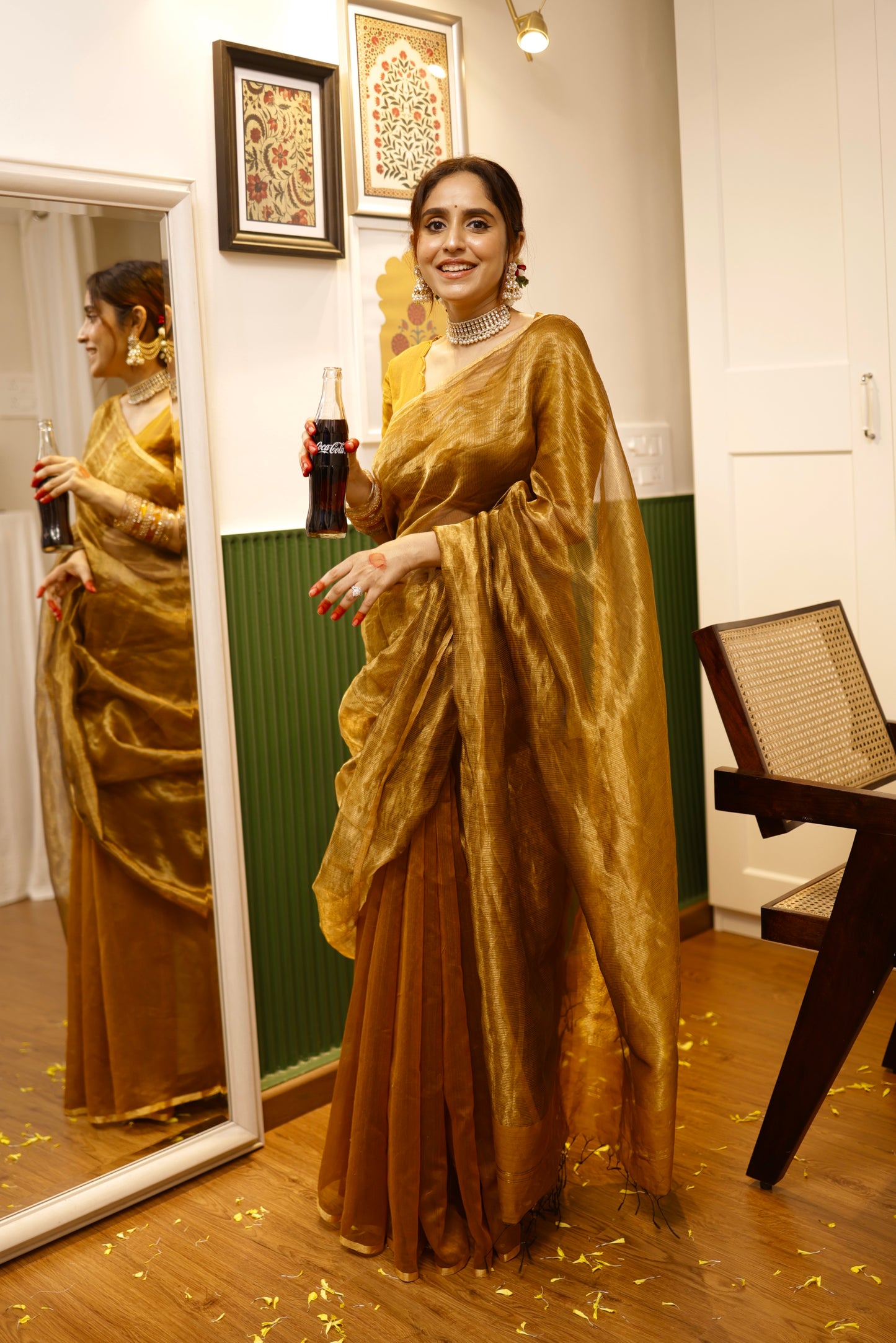 Mustard and gold maheshwari saree with zari border