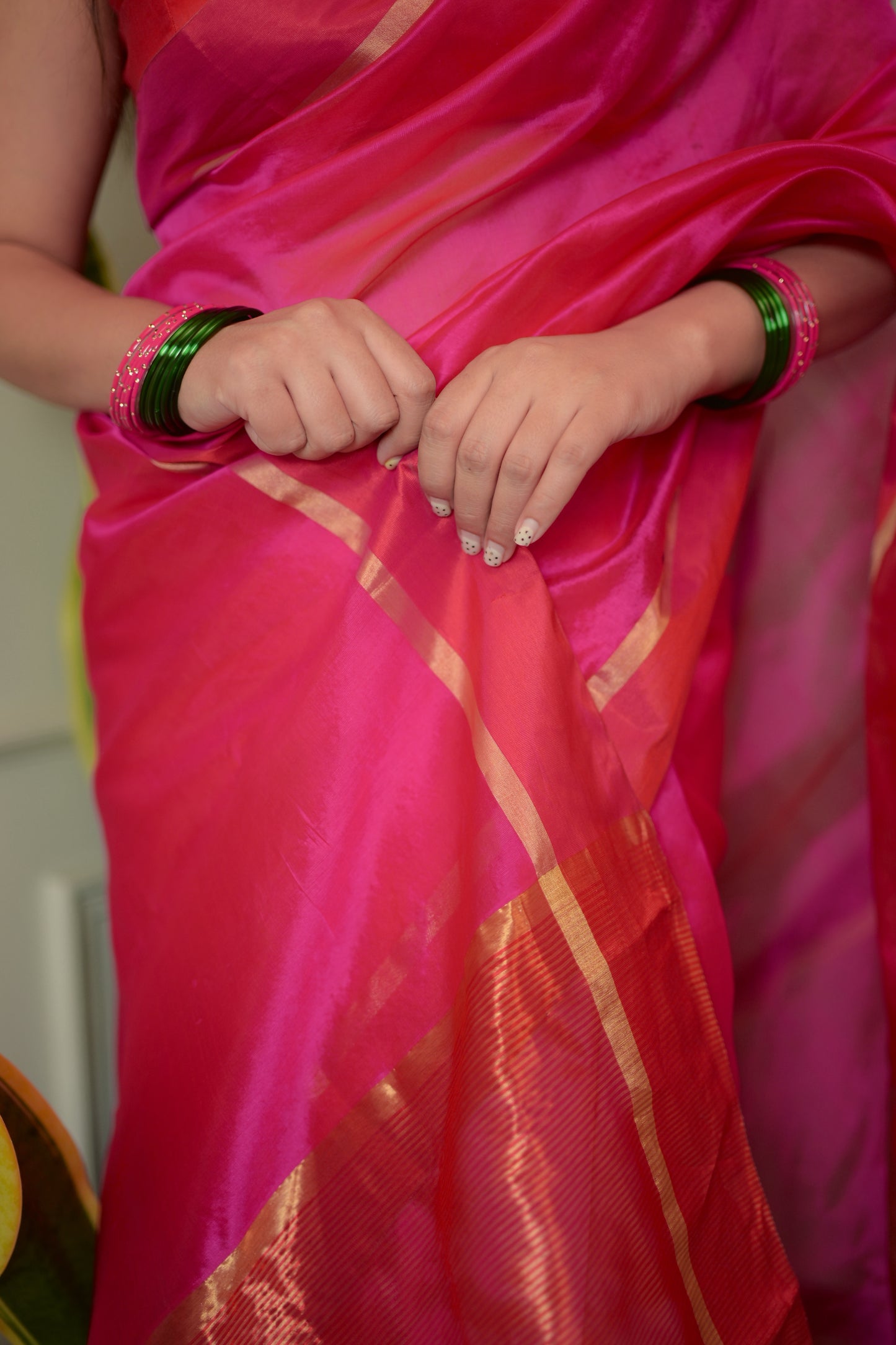 Pink and red Chanderi silk saree with silk border