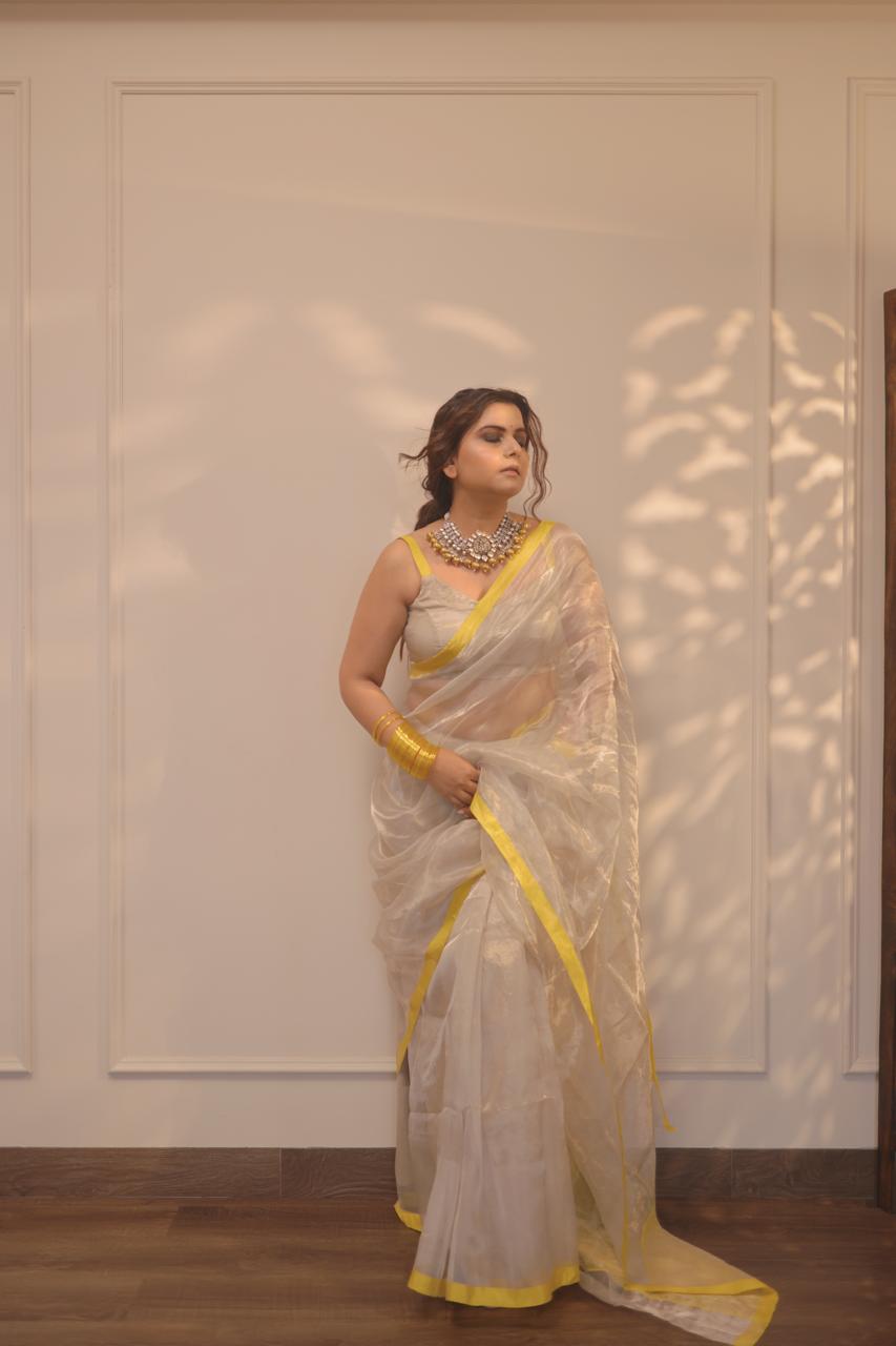 Silver white and lemon chanderi tissue silk saree