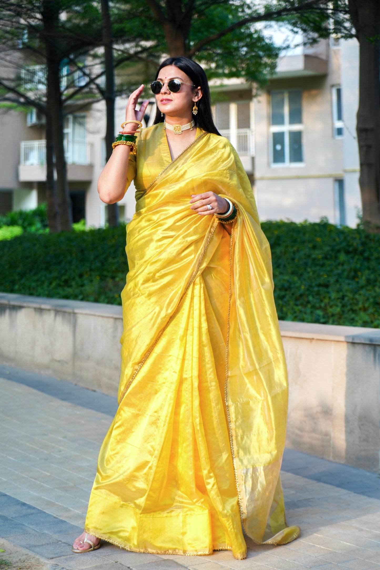 Butter yellow Chanderi silk saree with zari checks all over