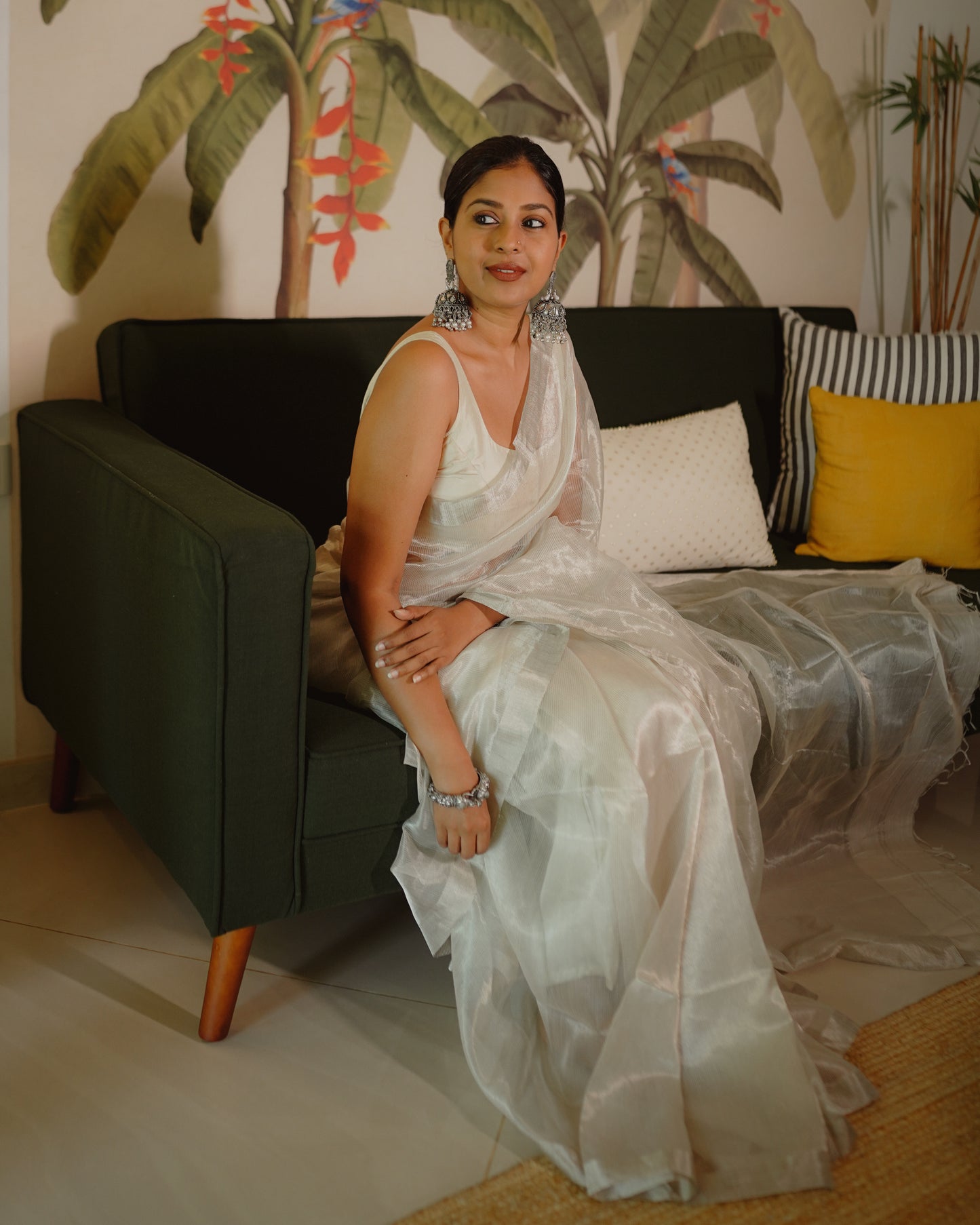 Off-White Maheshwari Saree with Zari Lines all over