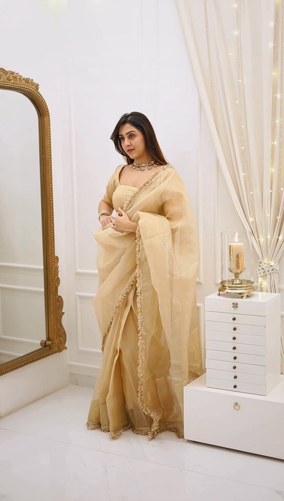 Beige gold Chanderi organza silk saree with zari bootis all over
