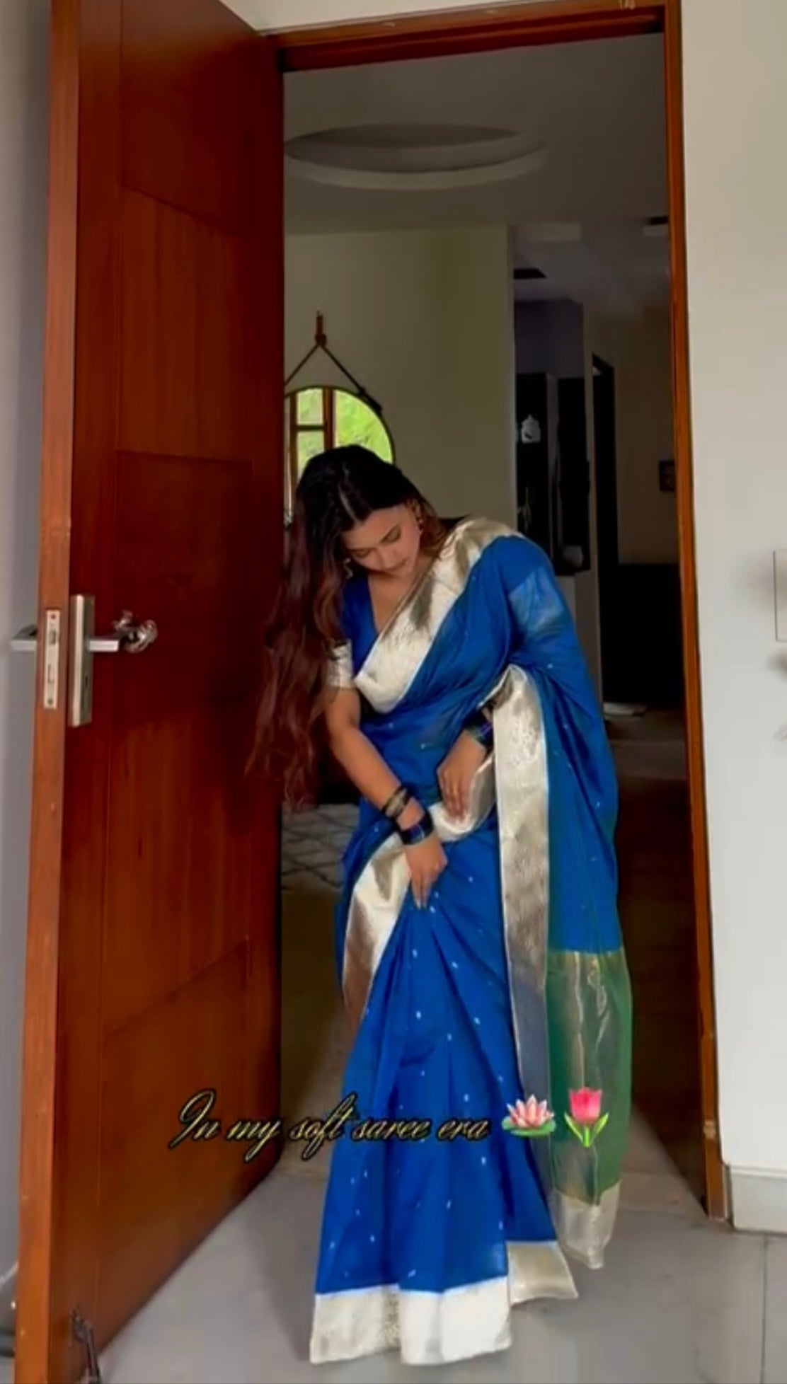 Peacock blue chanderi saree with zari bootis all over