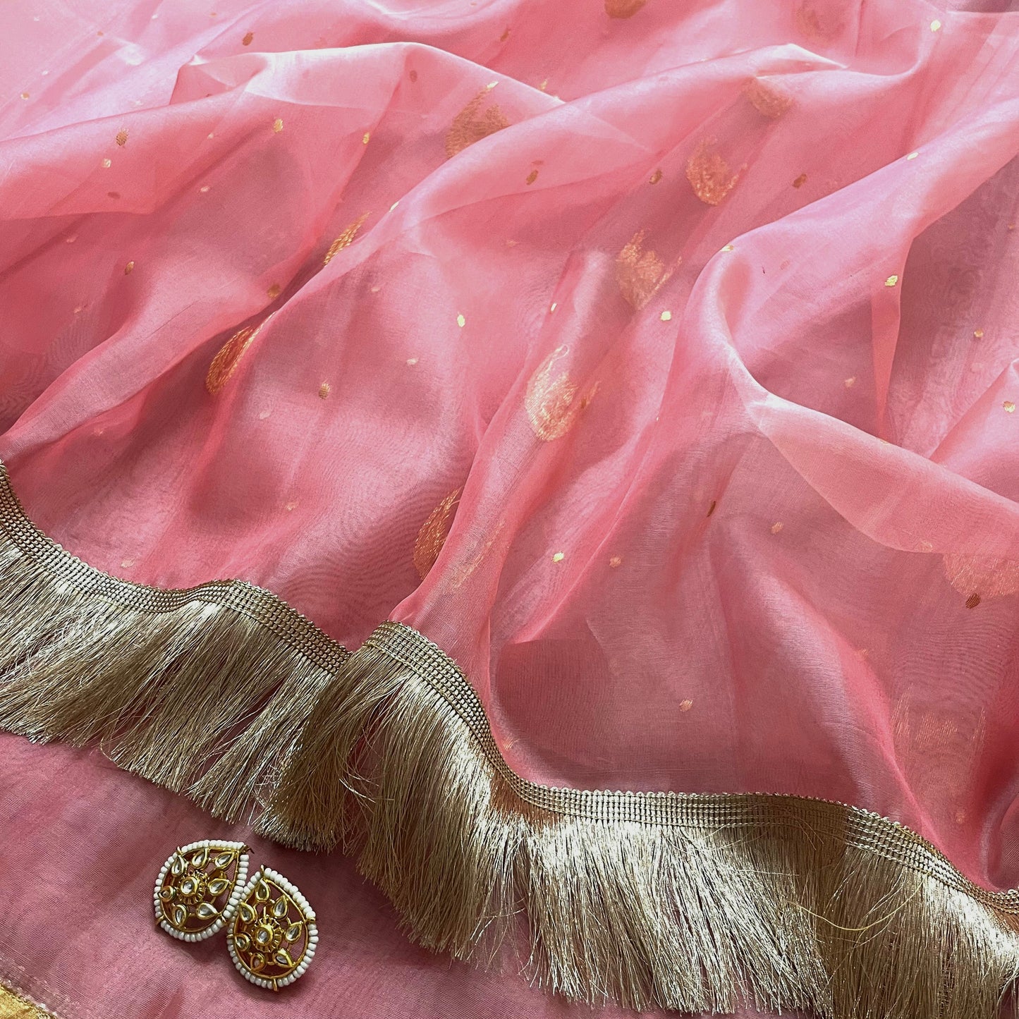 Ballet Pink chanderi silk saree with zari bootis and chaand bootis all over