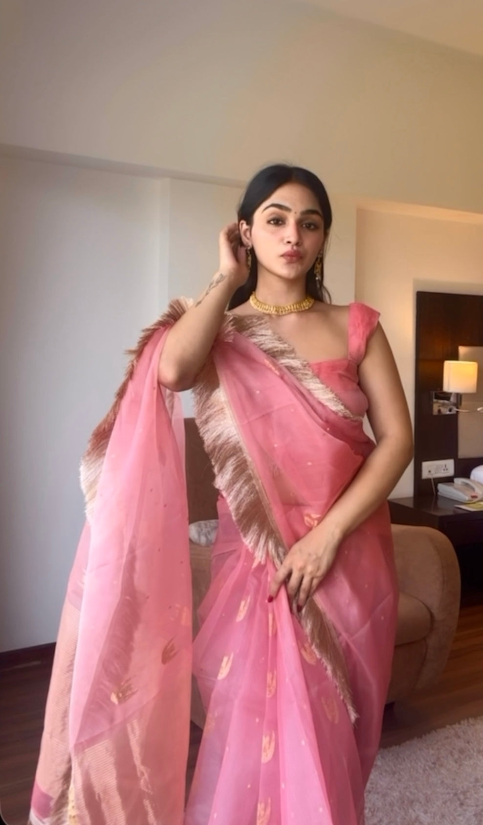 Ballet Pink chanderi silk saree with zari bootis and chaand bootis all over