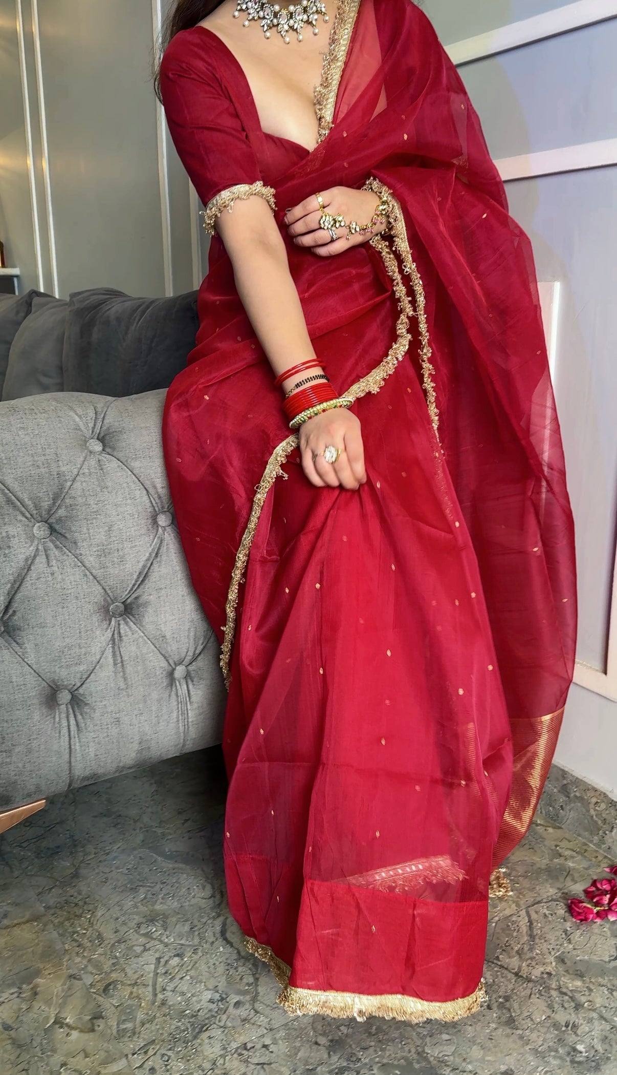 Dark rose chanderi silk saree with zari bootis all over