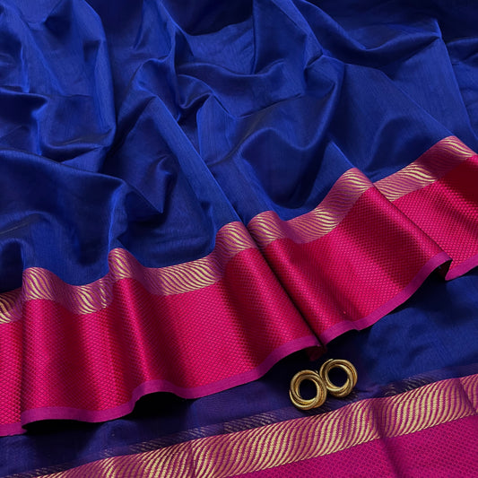 Dark blue maheshwari saree with dual colour resham border
