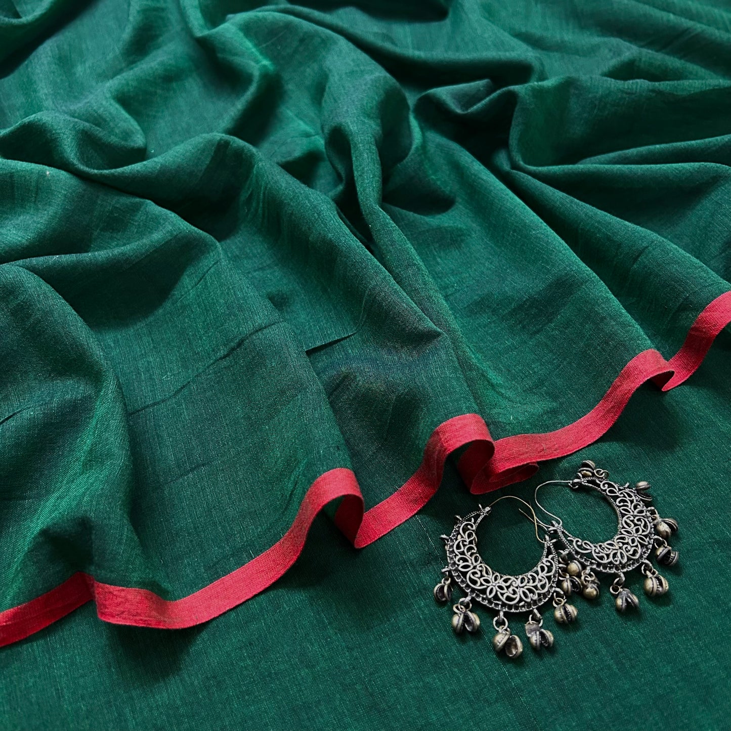 Dark green and red mulmul saree