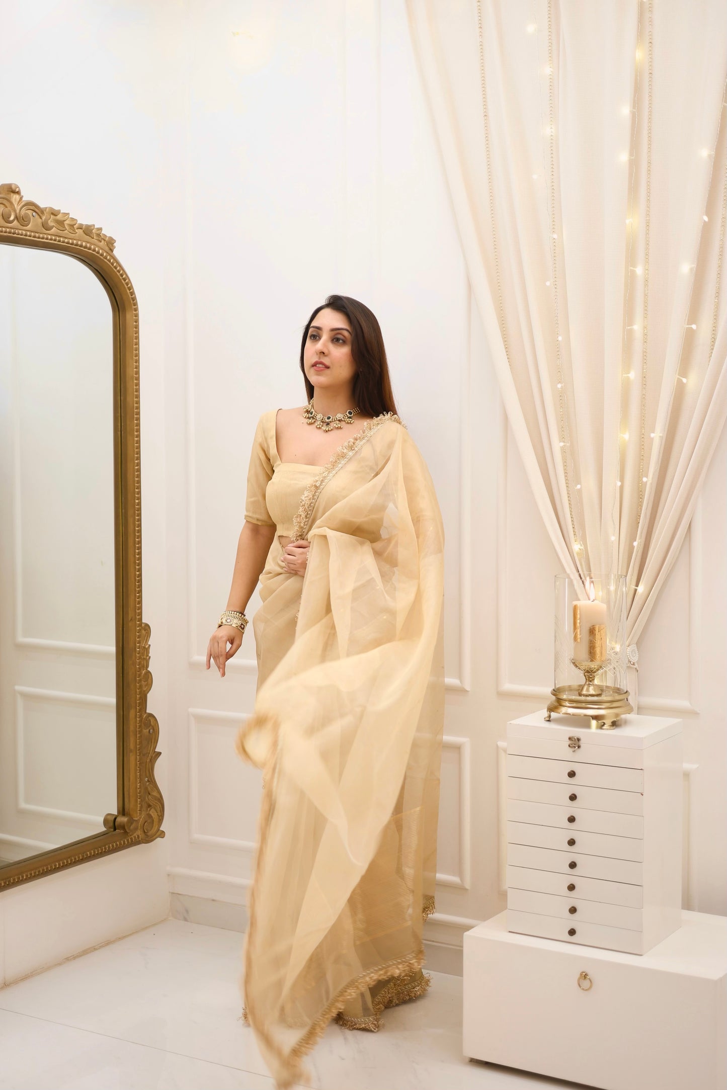 Beige gold Chanderi organza silk saree with zari bootis all over