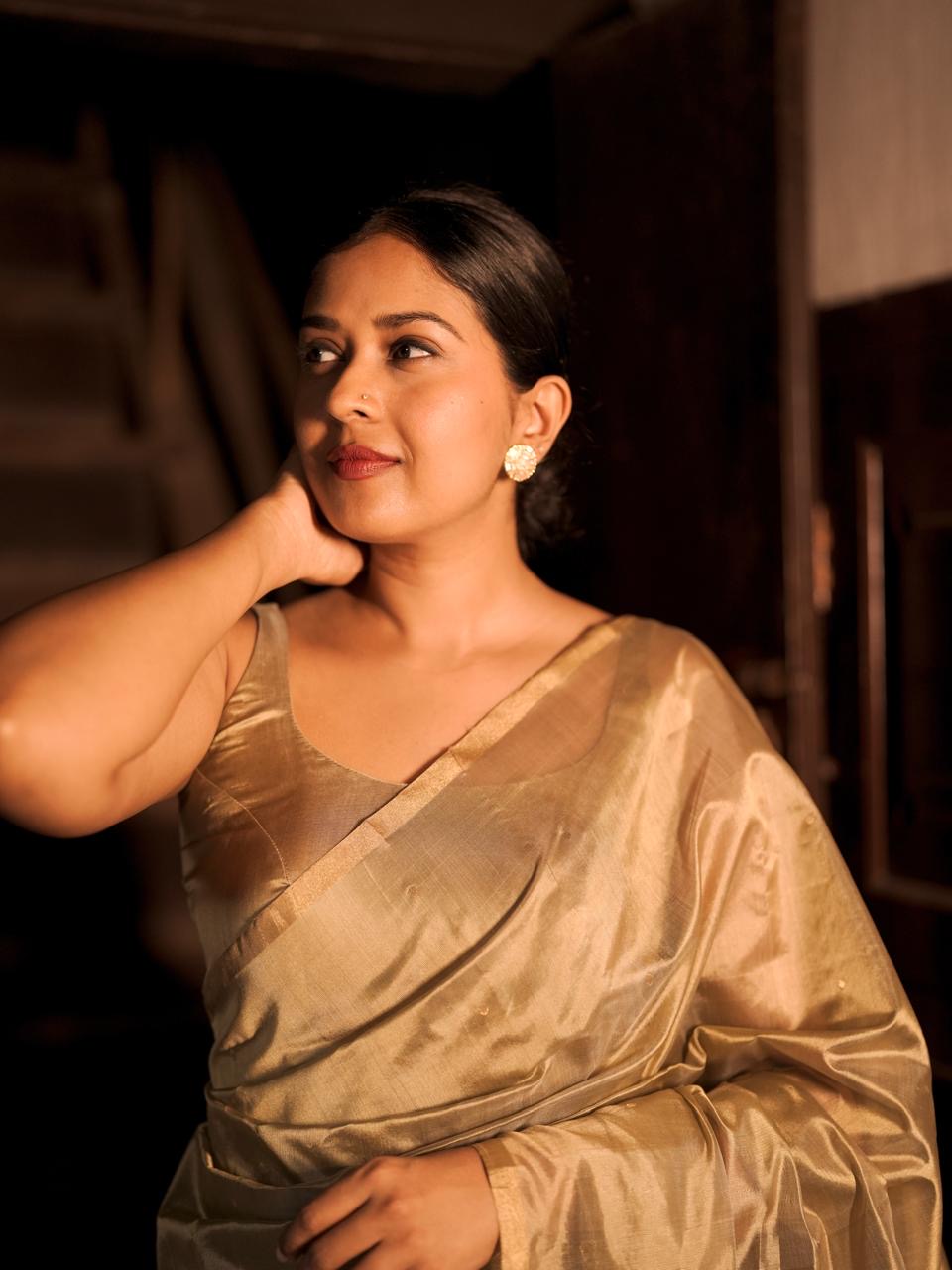 Antique gold chanderi silk saree with zari bootis all over