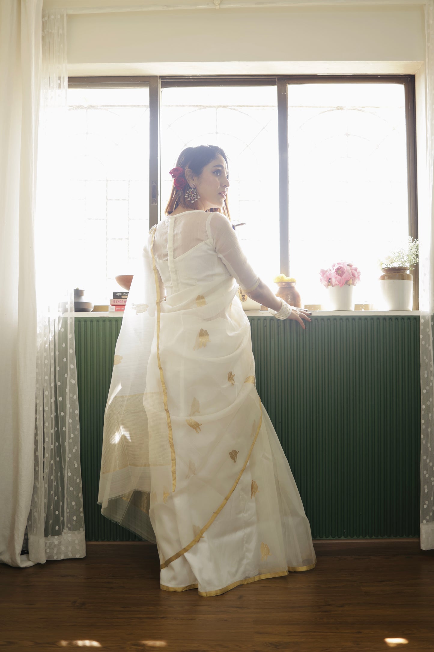 Off white and gold chanderi organza silk saree with bird motifs all over