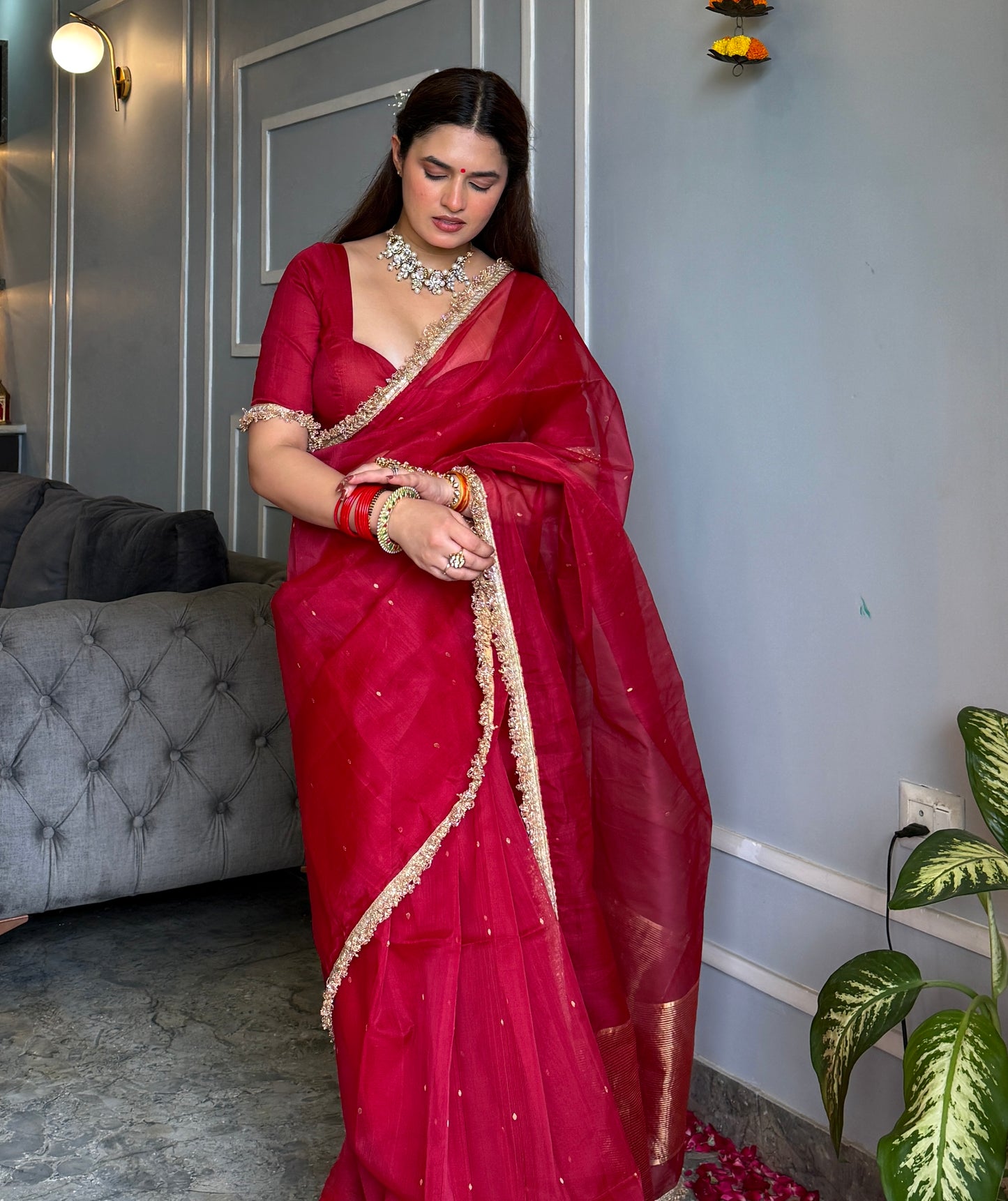 Dark rose chanderi silk saree with zari bootis all over