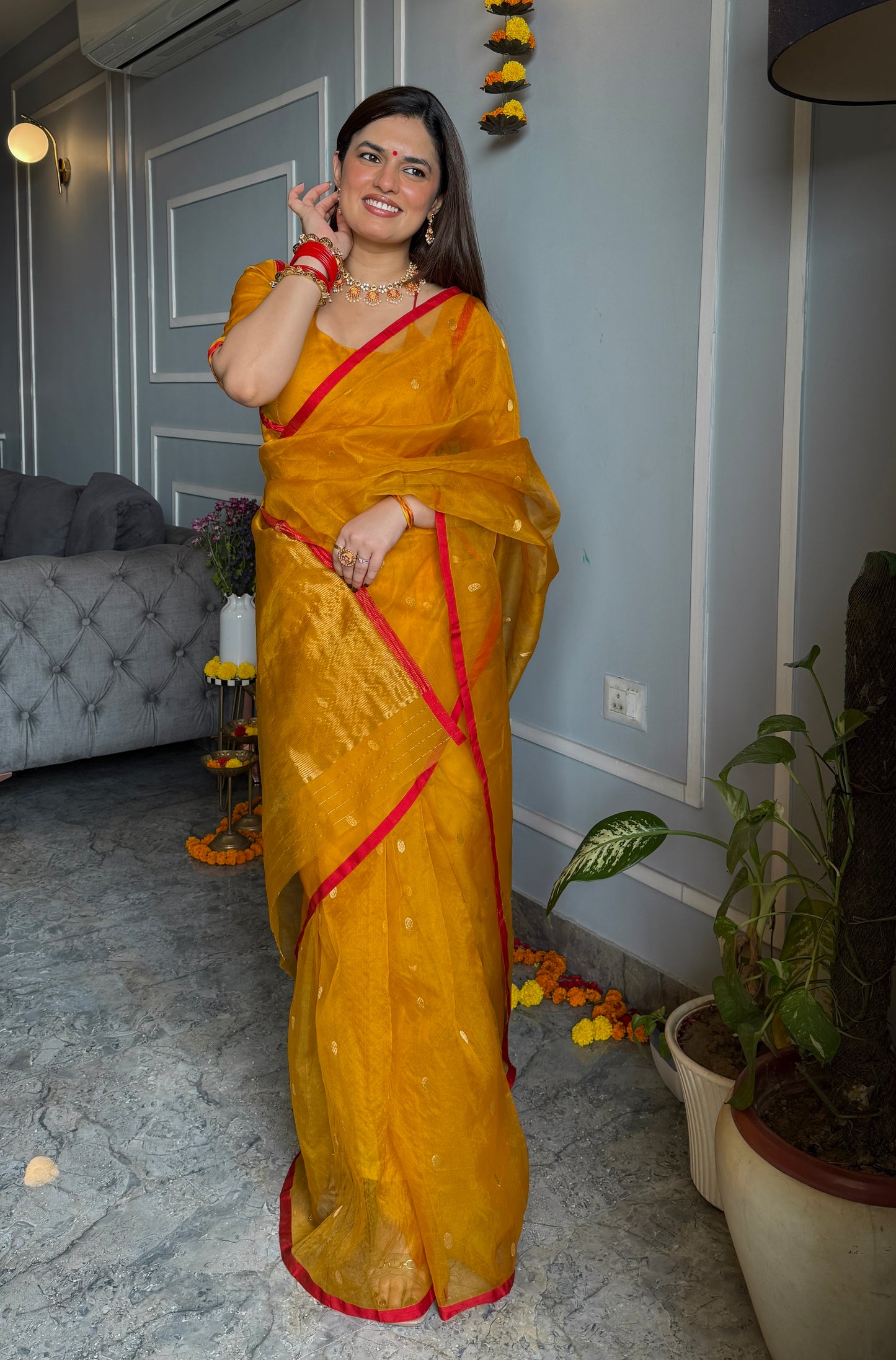 Mustard red Chanderi silk saree with zari bootis all over