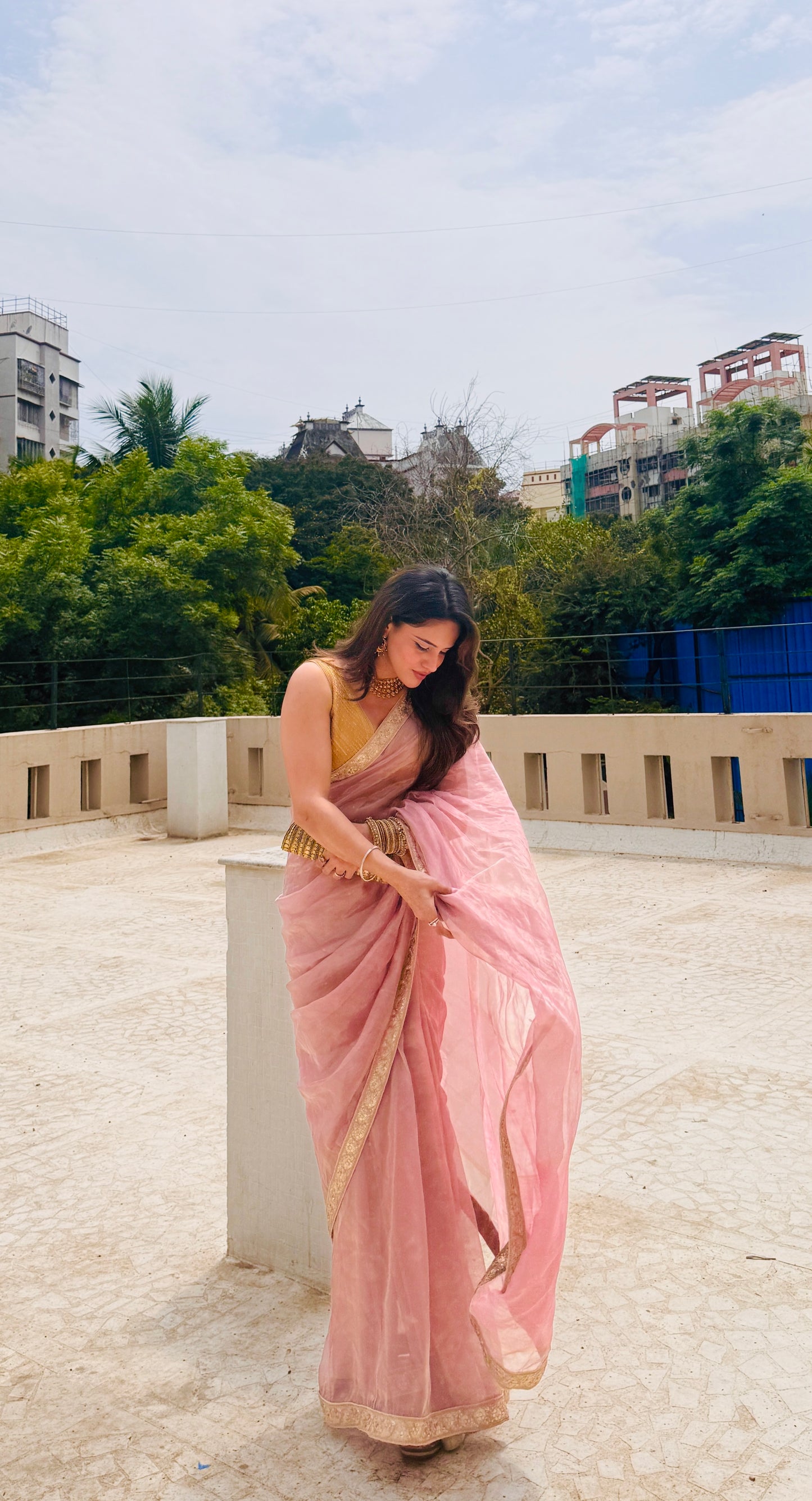 Flamingo pink Chanderi tissue silk saree with zari bootis all over