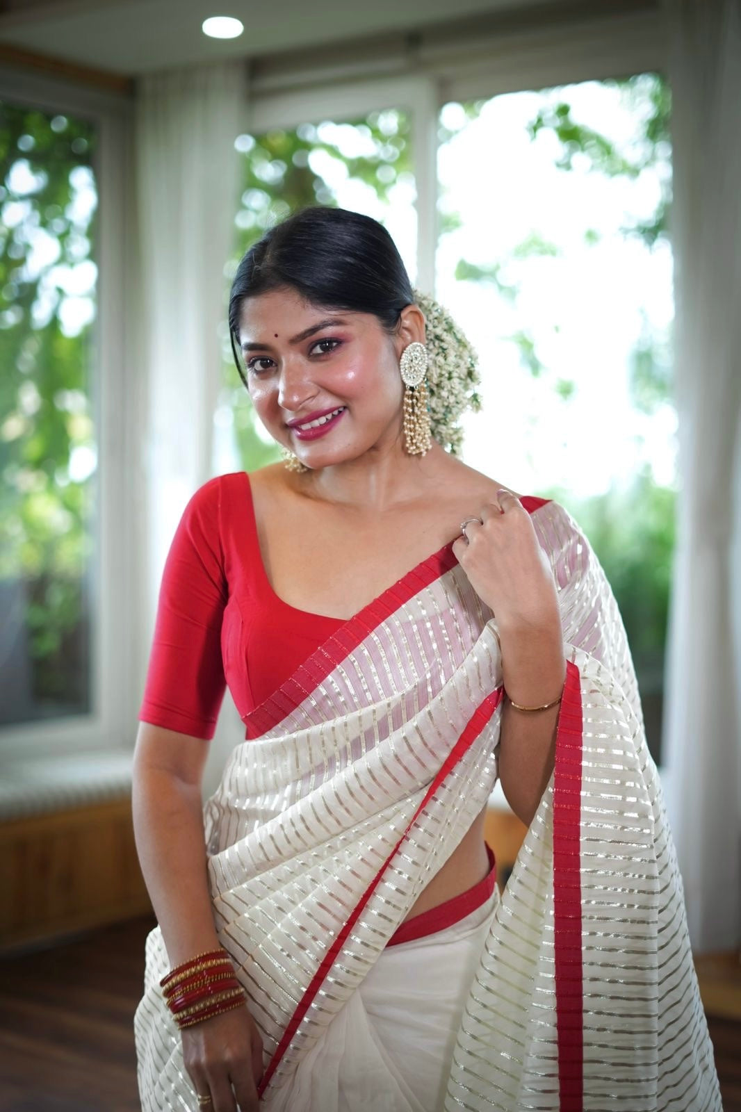 Off white & red chanderi saree with intricate gota work all over