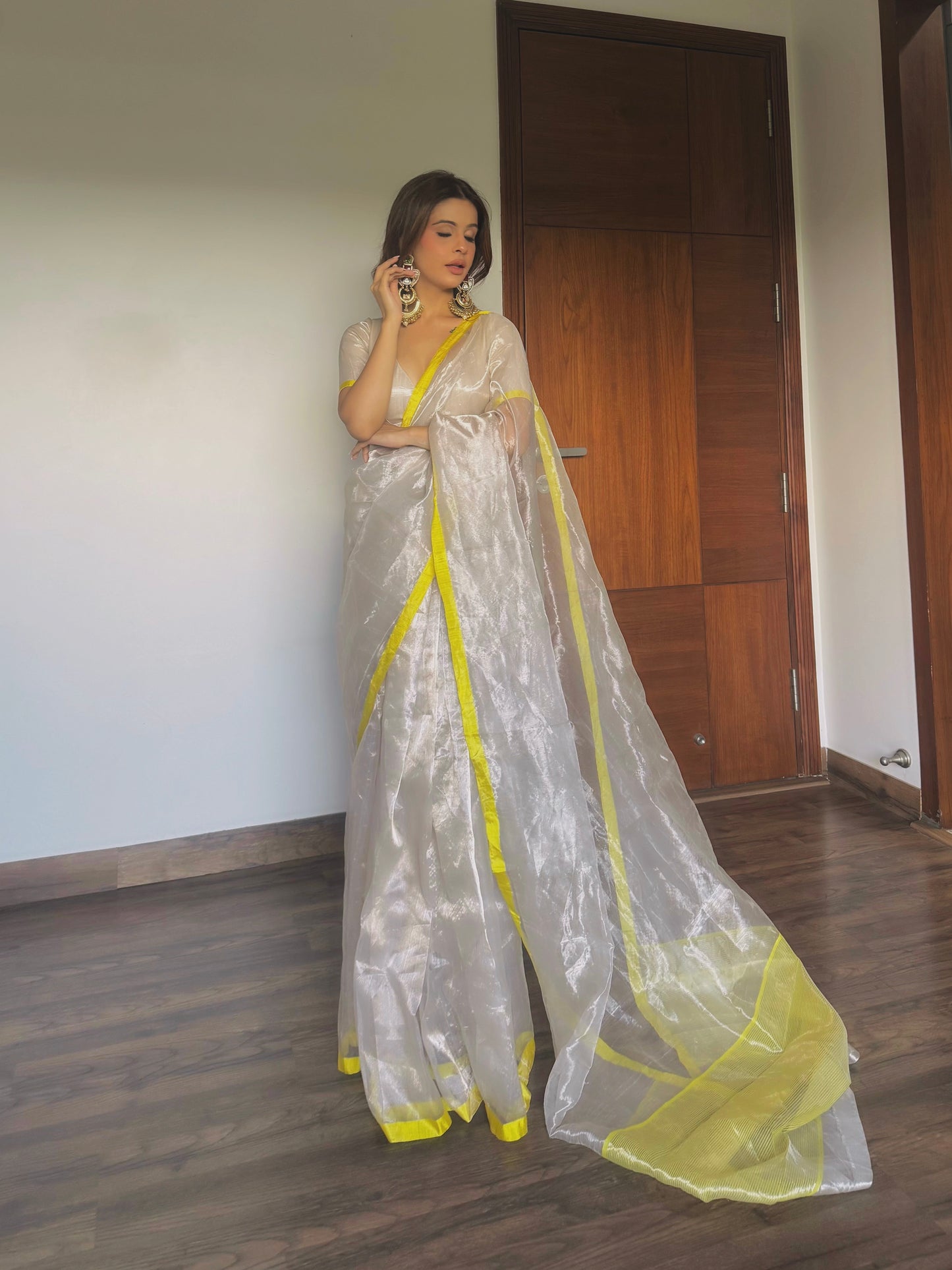 Silver white and lemon chanderi tissue silk saree