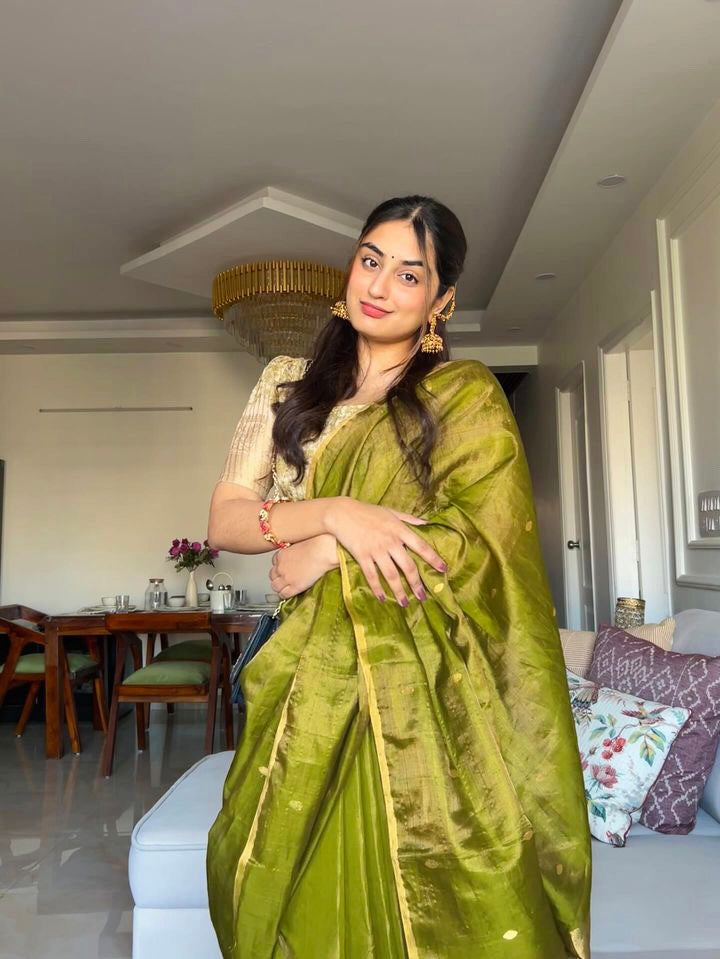 Olive gold maheshwari tissue silk saree with zari bootis all over