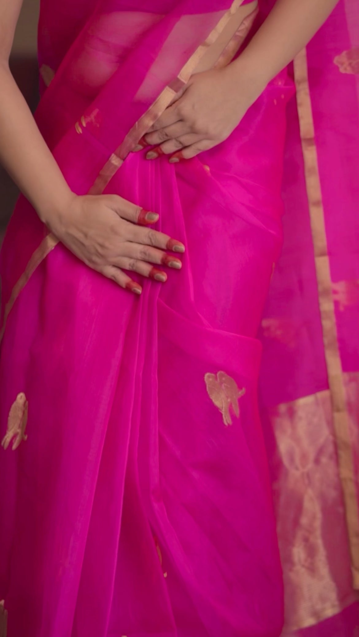 Pink chanderi organza silk saree with bird motifs all over