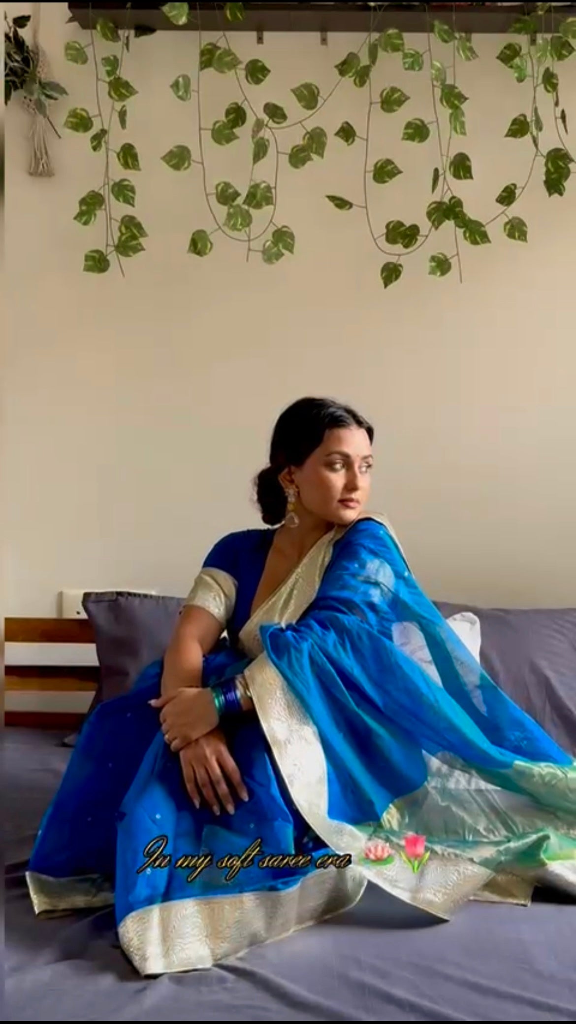 Peacock blue chanderi saree with zari bootis all over