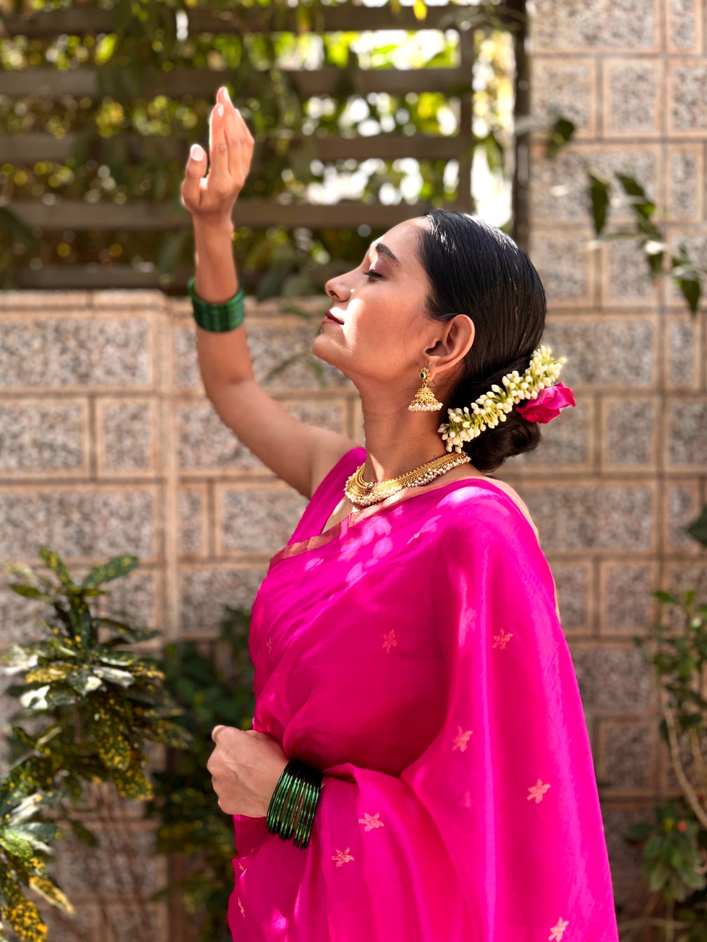 Rani pink chanderi silk saree with flower bootis all over