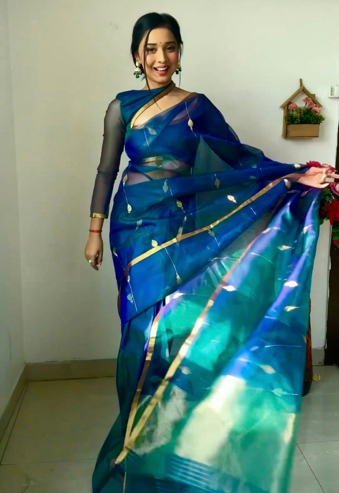 Peacock Blue & Green Dual Tone Chanderi Organza Silk Saree with Jhumka Motifs all over