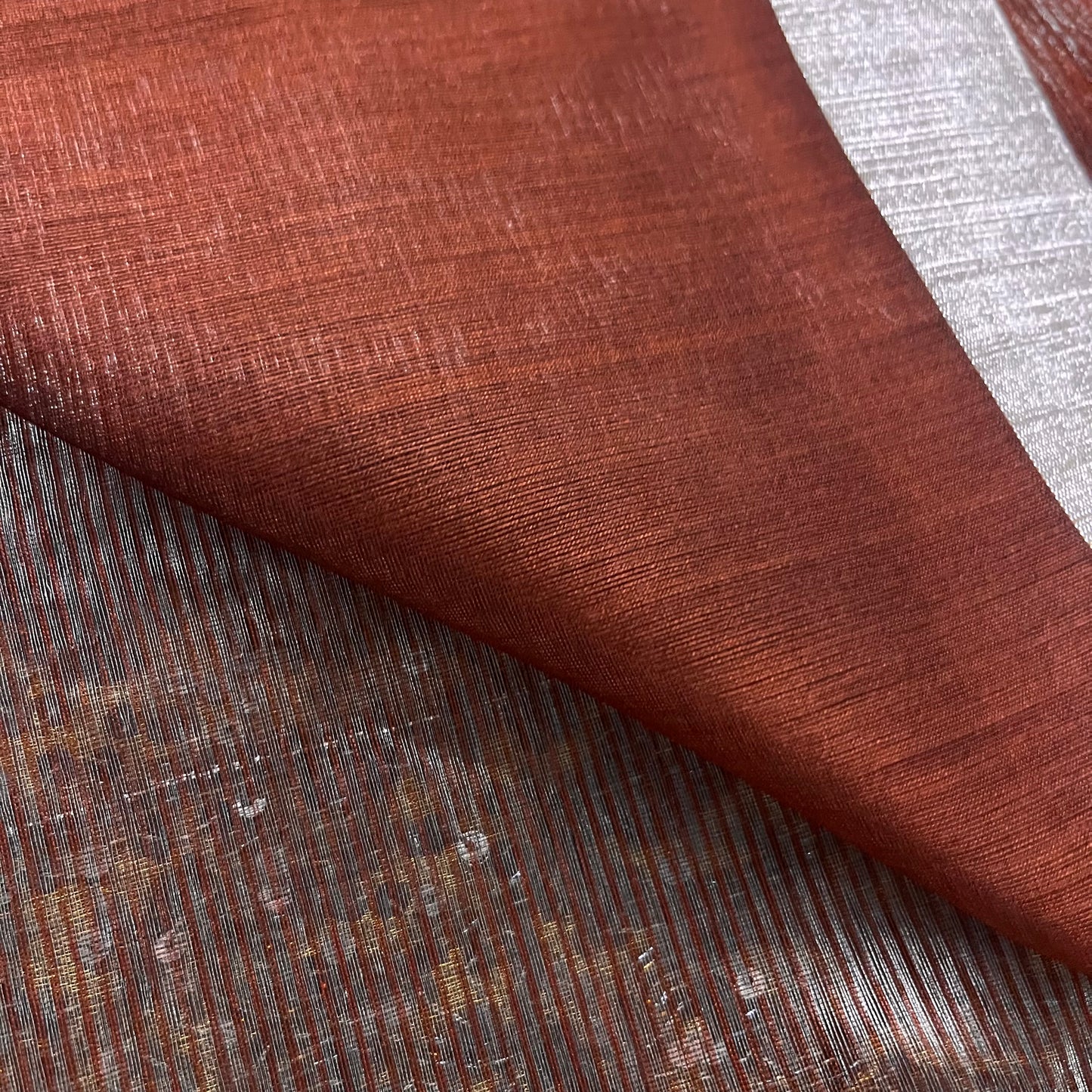 Chocolate brown Maheshwari saree with silver zari lines all over